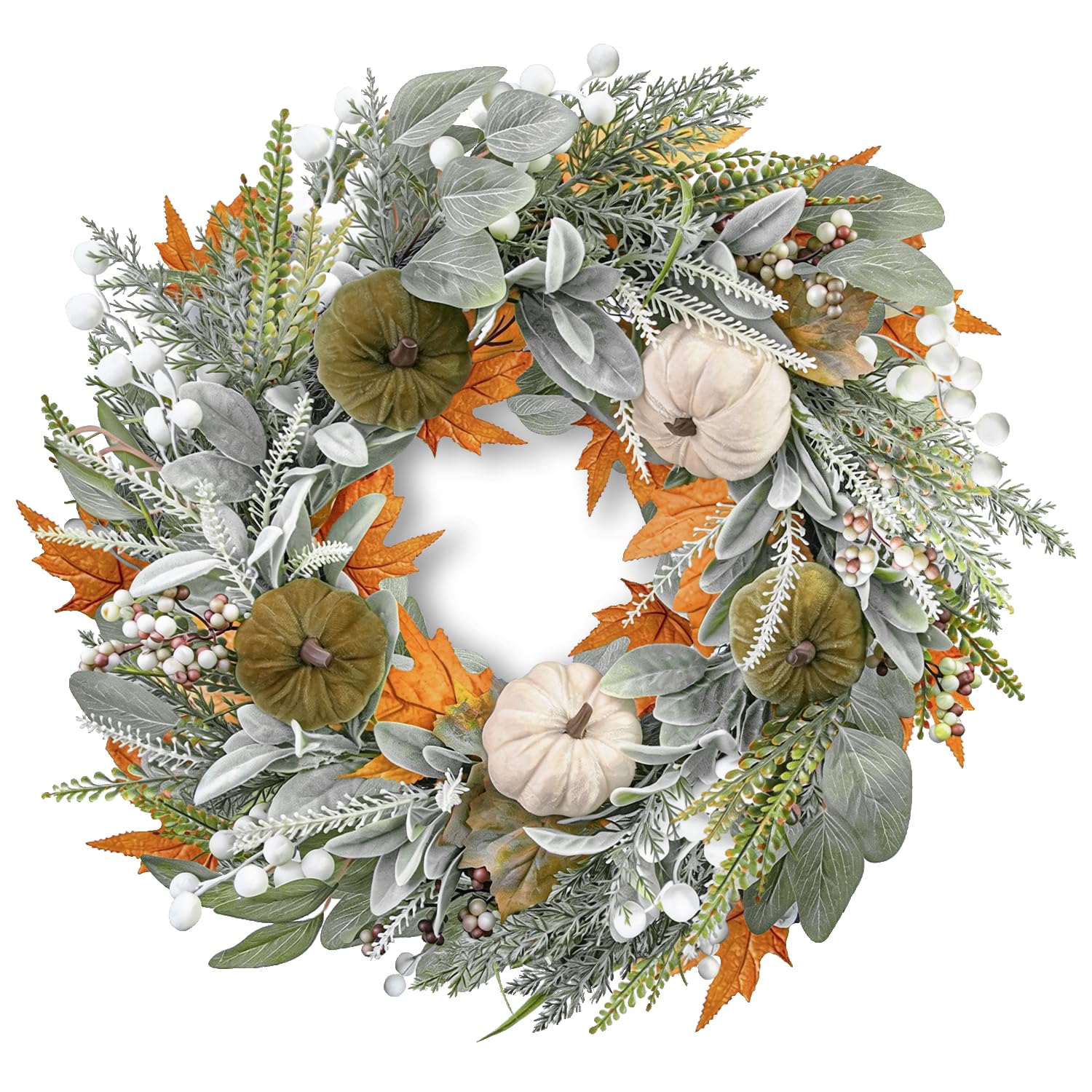 Artmag 55cm Autumn Eucalyptus Wreath, Artificial Large Fall Wreaths Velvet Pumpkins Berries Maple Leaves Thanksgiving Harvest for Front Door Porch Wall Indoor Outdoor Decoration