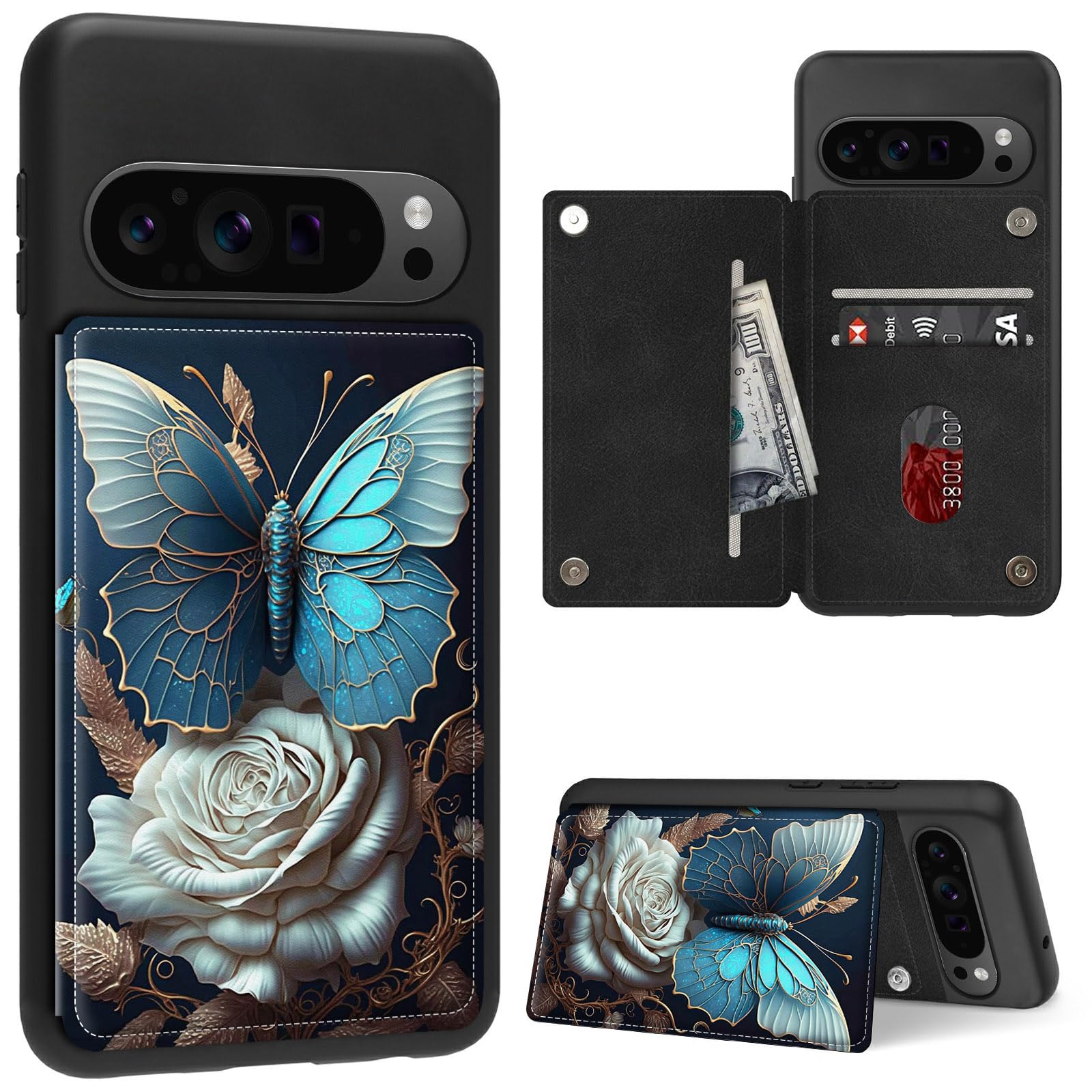 FUYOCWE Case for Google Pixel 9 Pro XL Wallet Phone Case with Card Holder,Blue Butterfly Set on White Rose PU Leather Kickstand Card Slot Cover for