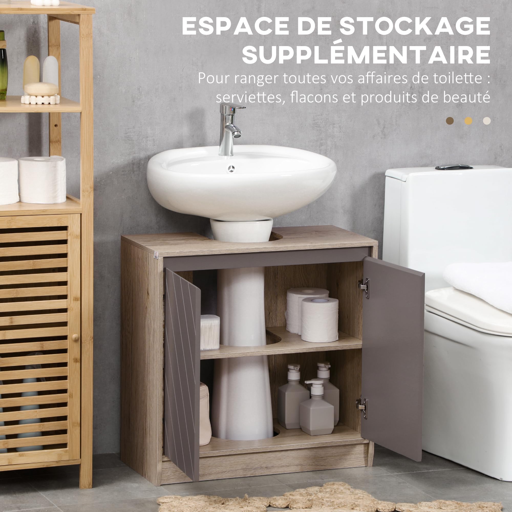 HOMCOM Ensemble de Meuble sous lavabo, Armoire avec Miroir et Meuble Colonne pour Salle de Bain en Bois chêne Clair Gris