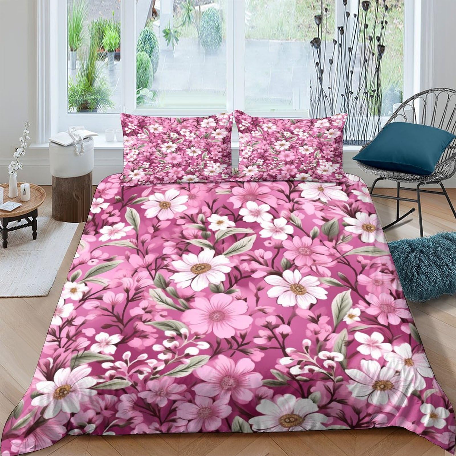 Housse de couette 3D fleurs blanches 220x240 parure de lit king microfibre adultes enfants