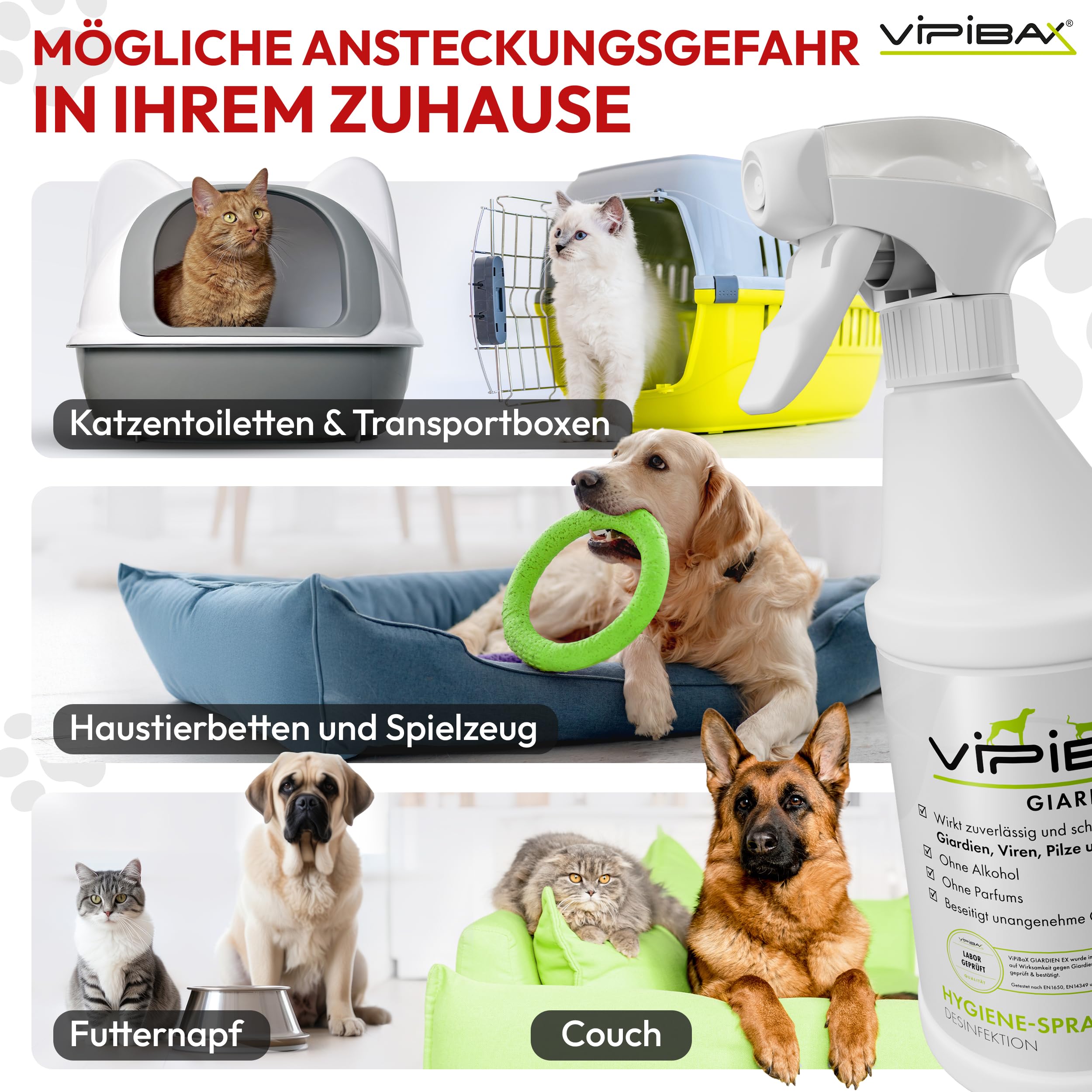 ViPiBaX Giardien EX Hygiene-Spray für Hund, Katze & Co - Geruchsentferner - Hygiene-Spray - Effektive Desinfektion gegen Giardien, Viren, Pilze & Bakterien - 500ml