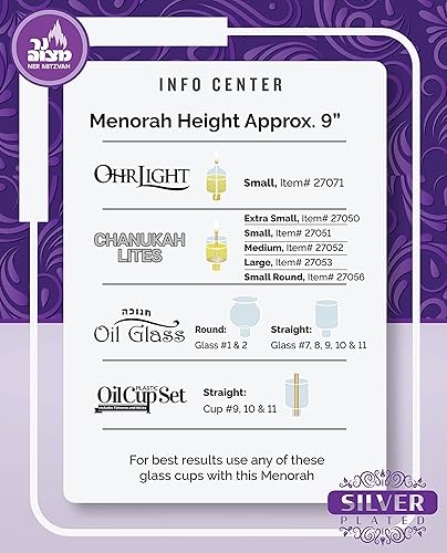 Miniatura 5 de Ner Mitzvah extragrande bañado en plata Hanukkah menorá de aceite225inch