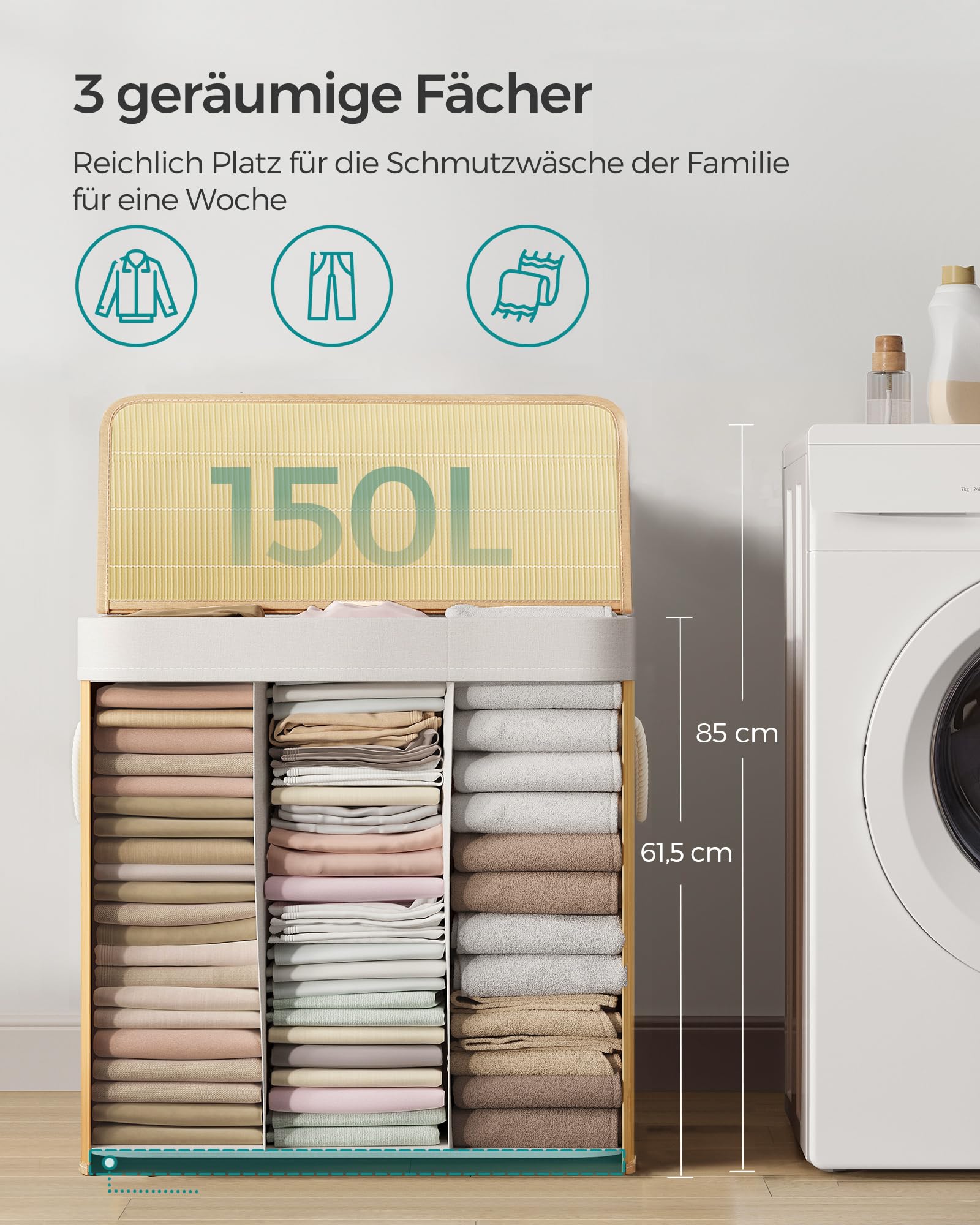 SONGMICS Wäschekorb 3 Fächer, 150 L Wäschesammler mit Deckel, Wäschebox Bambus, mit Griffen, faltbar, Wäschesack herausnehmbar maschinenwaschbar, Waschküche, naturfarben LCB091N01