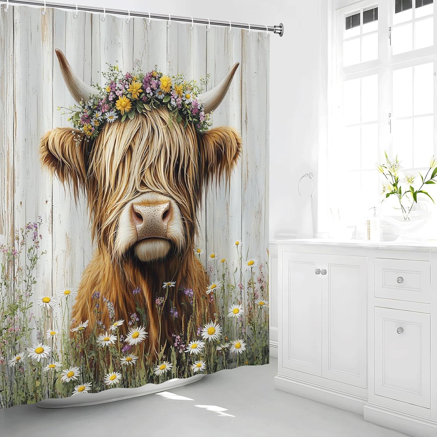 Funny Highland Cow Shower Curtain Farmhouse Animal Western Cute Bull Rustic Vintage Grey Wood Board Nature Daisy Floral Flower Fashion Bathroom Accessories Set with Hooks 70Wx90H Inch