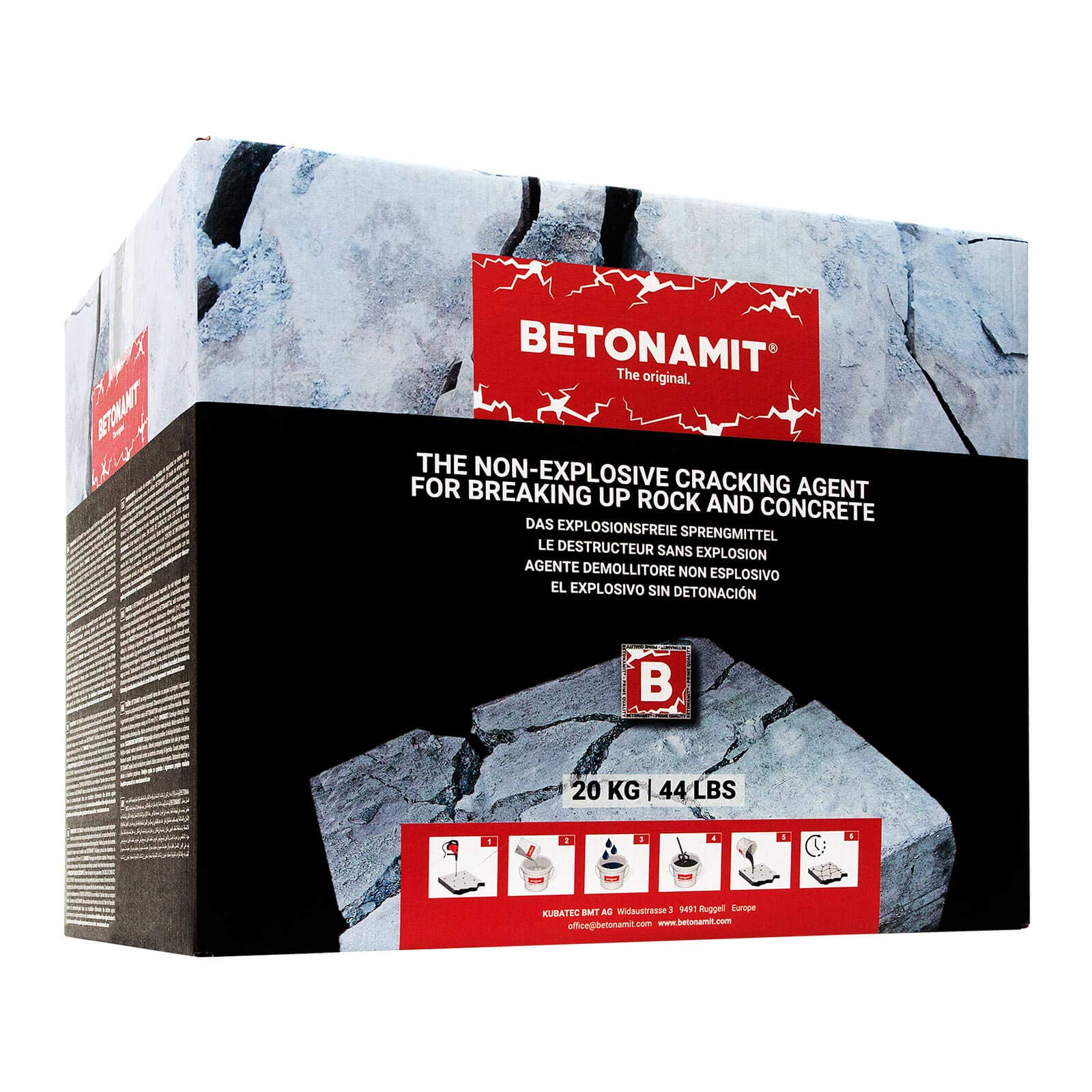 BETONAMIT® Quelldruckmittel – explosionsfreies Sprengmittel – 20 kg | Explosionsfreier Abbruch von Beton, Fels und Naturstein, geräuscharm, vibrationsarm, für innen und außen