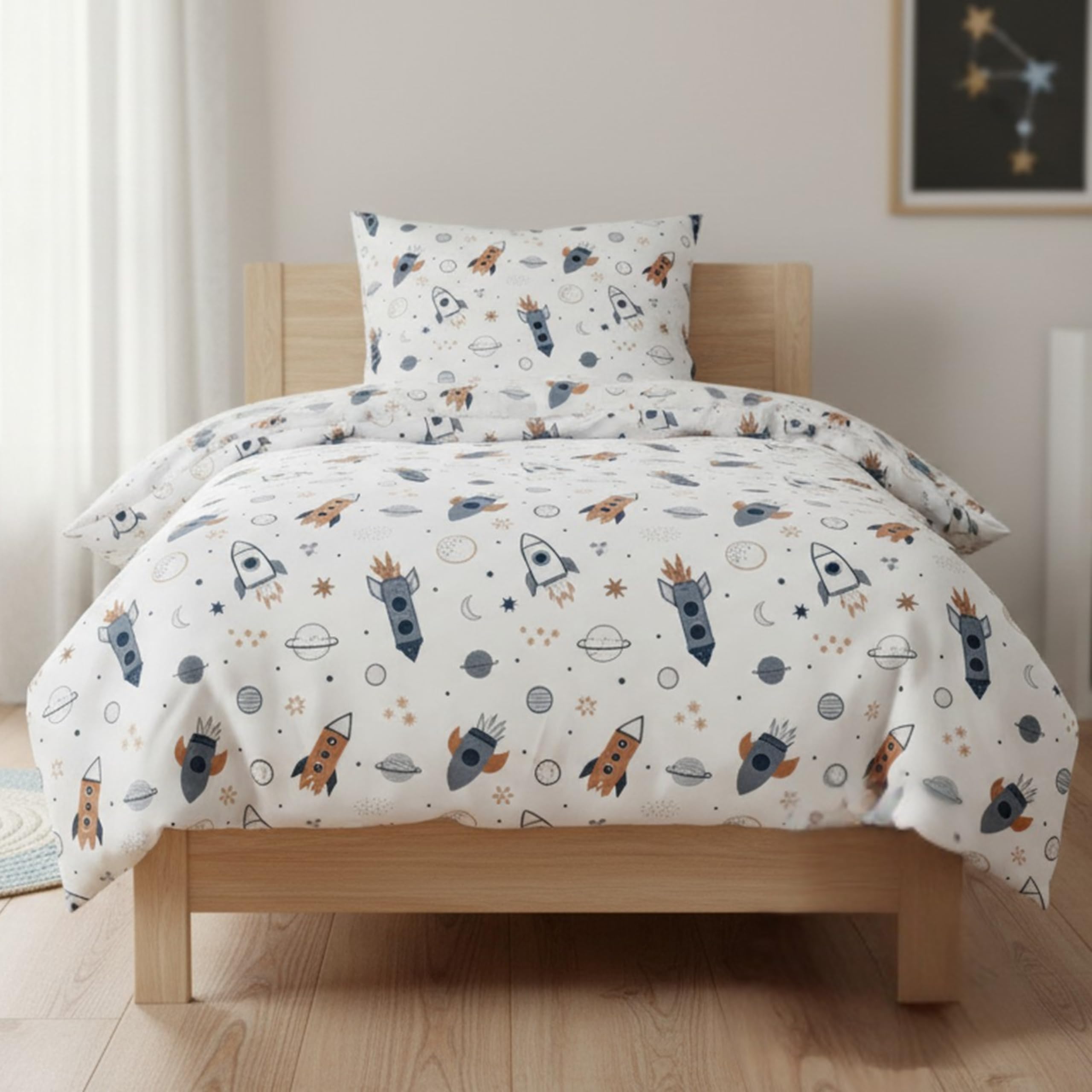 MTOnlinehandel Kinderbettwäsche 135x200 cm Set – 2-teilig mit Kissenbezug 80x80 – Bettwäsche Rakete Little Universe - Baumwolle – Auswahl Motiv – Oeko-TEX Zertifiziert (Weltall)