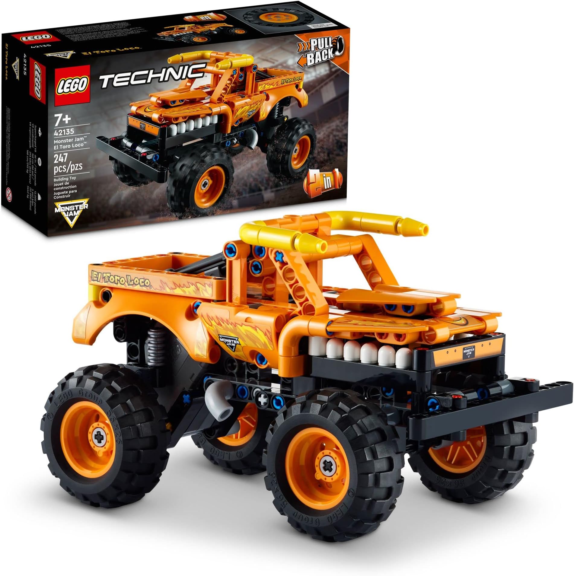 Technic Monster Jam El Toro Loco, 2 in 1 Pull Back Truck to Off Roader Car Toy 42135, Monster Truck and Race Car Building Toy, Construction Kit for Kids, Boys, Girls Age 7+ Years Old