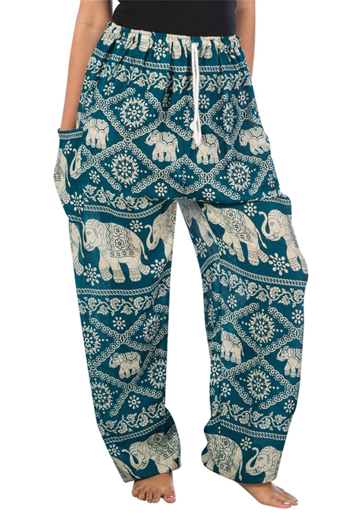 Lofbaz Women's Thai Elephants Drawstring Harem Boho Pants Teal Green 2XL