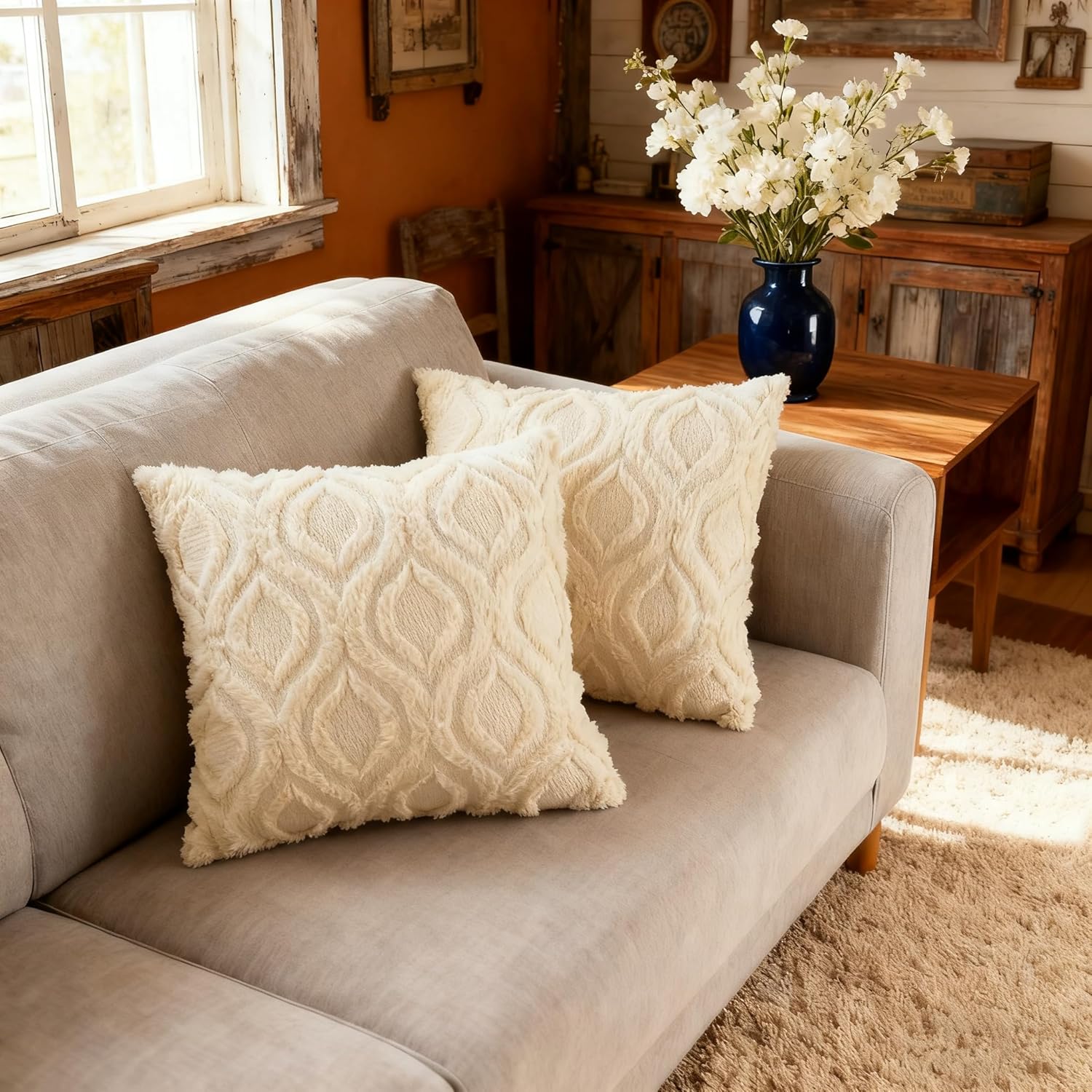 Pack of 2 Decorative Throw Pillow Covers 18x18, Soft Plush Faux Fur Wool Couch Cushion Pillow Covers Cozy Boho Farmhouse Neutral Square Pillow Case for Living Room Sofa Bed Home Decor Car, Beige - Image 5