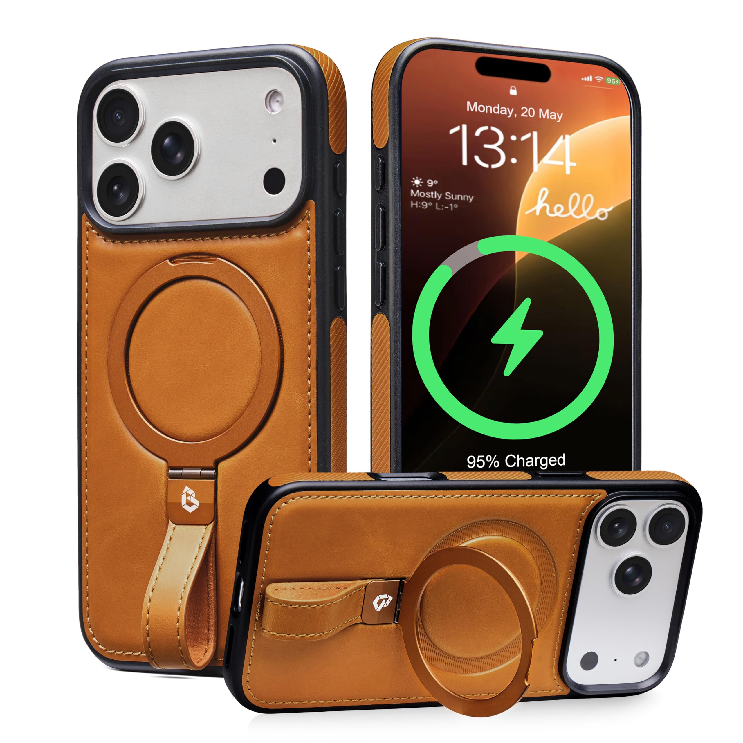Butaiga for iPhone 18 Pro Case Leather Strap with Ring Stand, Brown