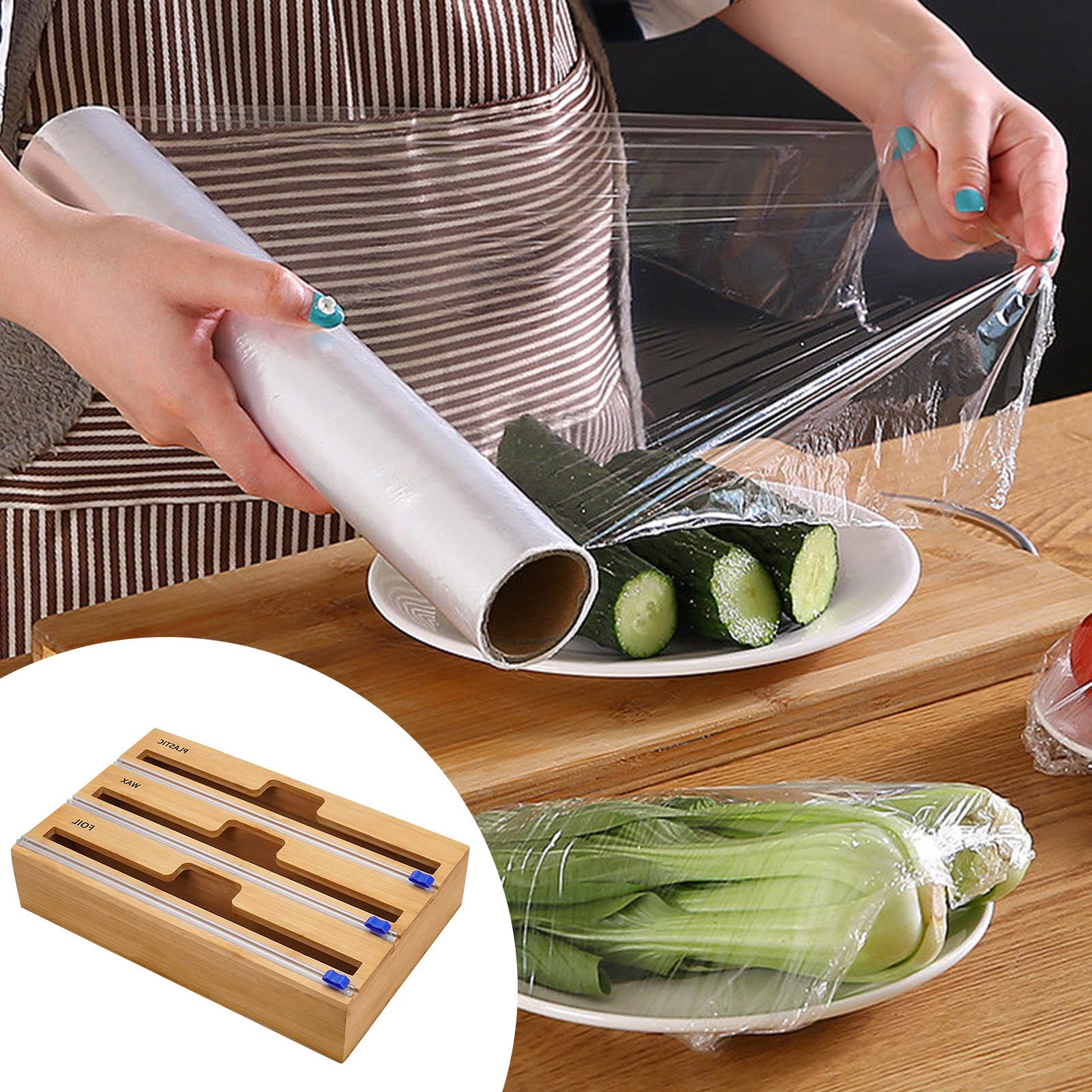 Dispenser per Pellicola Trasparente con Taglierino, Dispenser per Foglio di Alluminio E Carta Cerata,Dispenser per Pellicola Trasparente in Legno Robusto E Riutilizzabile
