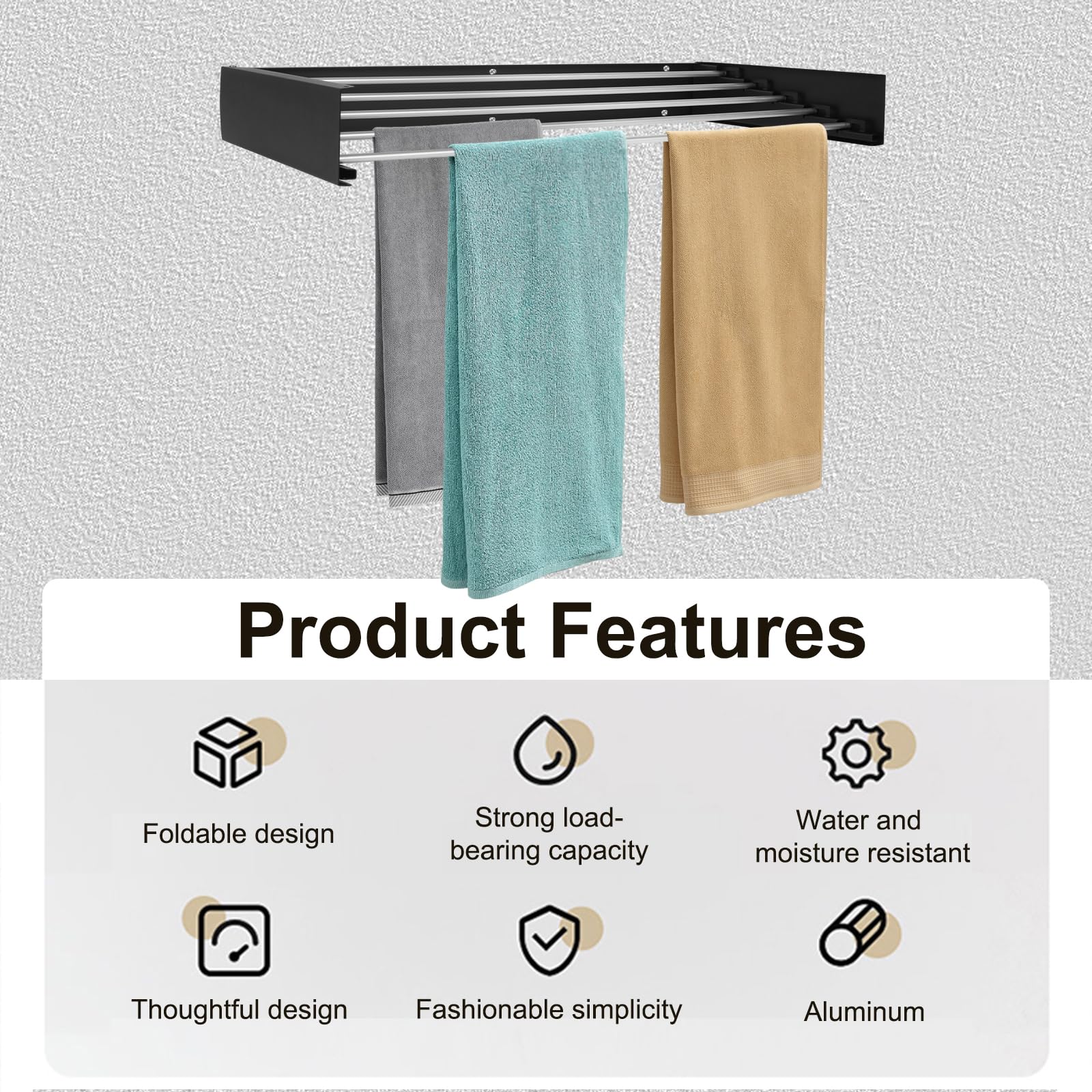 Séchoir à Linge Mural, Étendoir à Linge Rétractable, Séchoir à Linge Pliable pour Intérieur et Extérieur, Economiseur d'espace Design Compact et Élégant (Noir, 80cm)