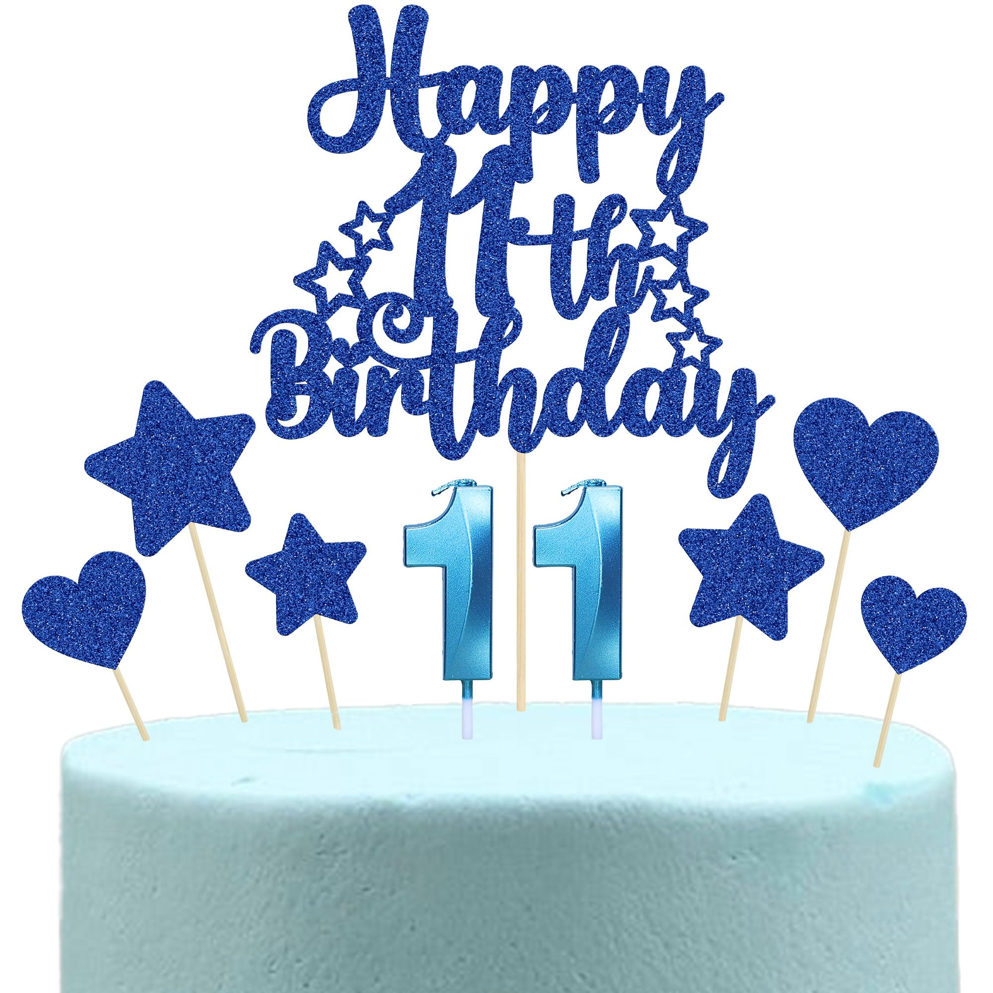 Gyufise 15Pcs Happy 11th Birthday Cake Topper Set Heart Star Glitter Cheers to 11 Years Cake Picks Number 11 Candles Cake Decorations for Happy 11th Birthday Anniversary Party Supplies Blue