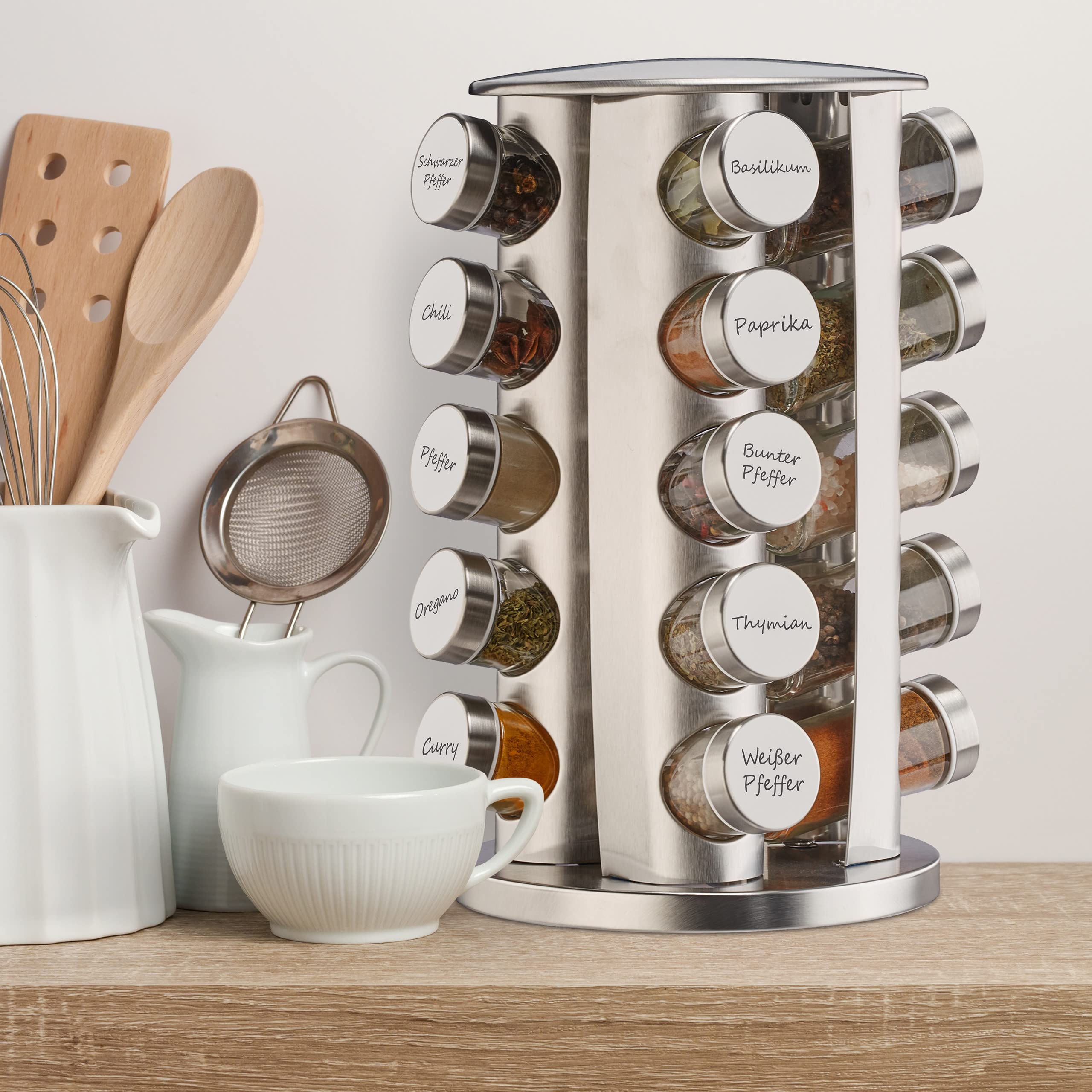 Relaxdays Portaspezie da Cucina, con 20 Barattoli, 40 Etichette, Girevole a 360°, Riempibile, Acciaio Inox, Argentato