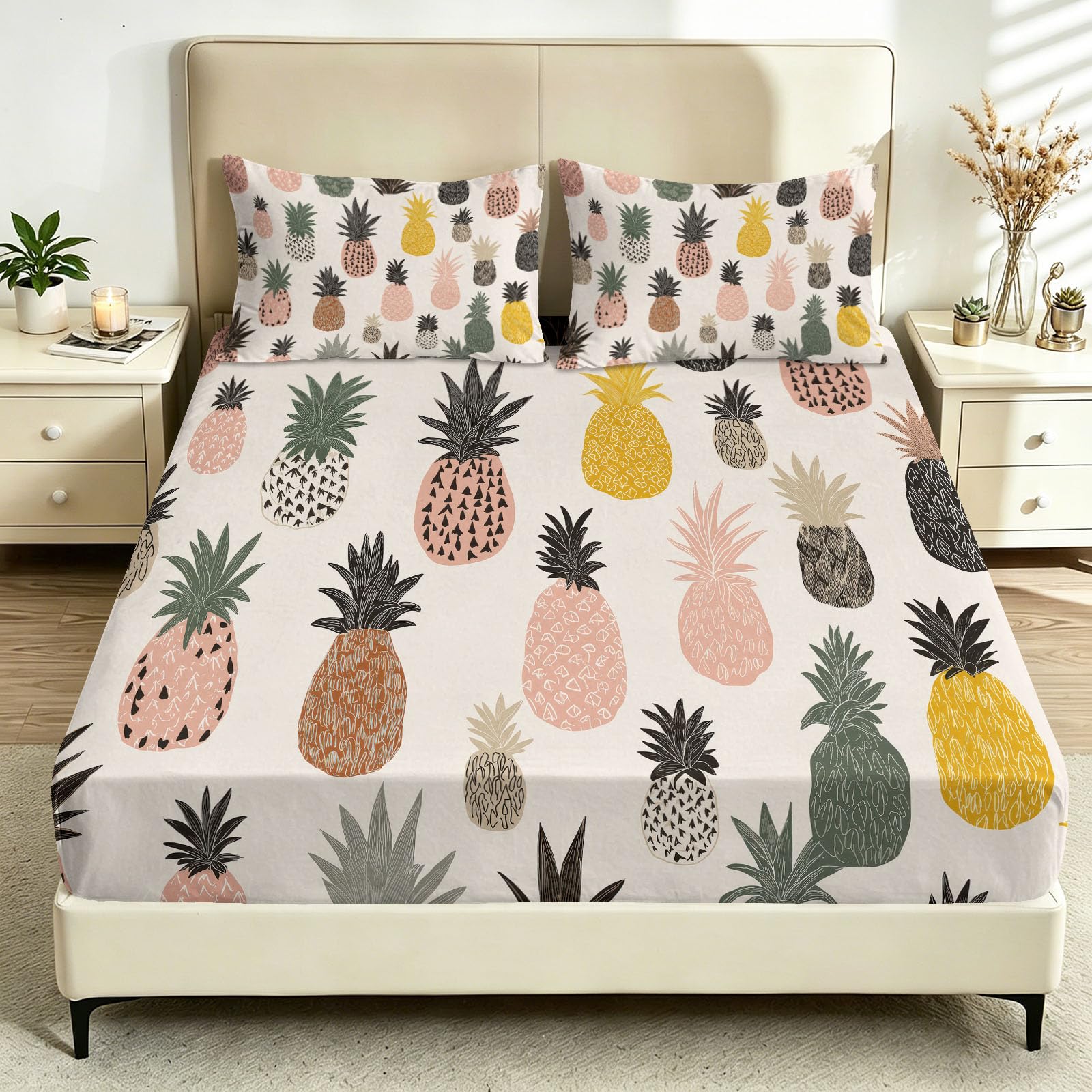 Juego de sábanas de 3 piezas de 180 x 200 cm, sábana bajera ajustable y 2 fundas de almohada, juego de ropa de cama con estampado de frutas de dibujos animados para niños y niñas, elástico en todo el