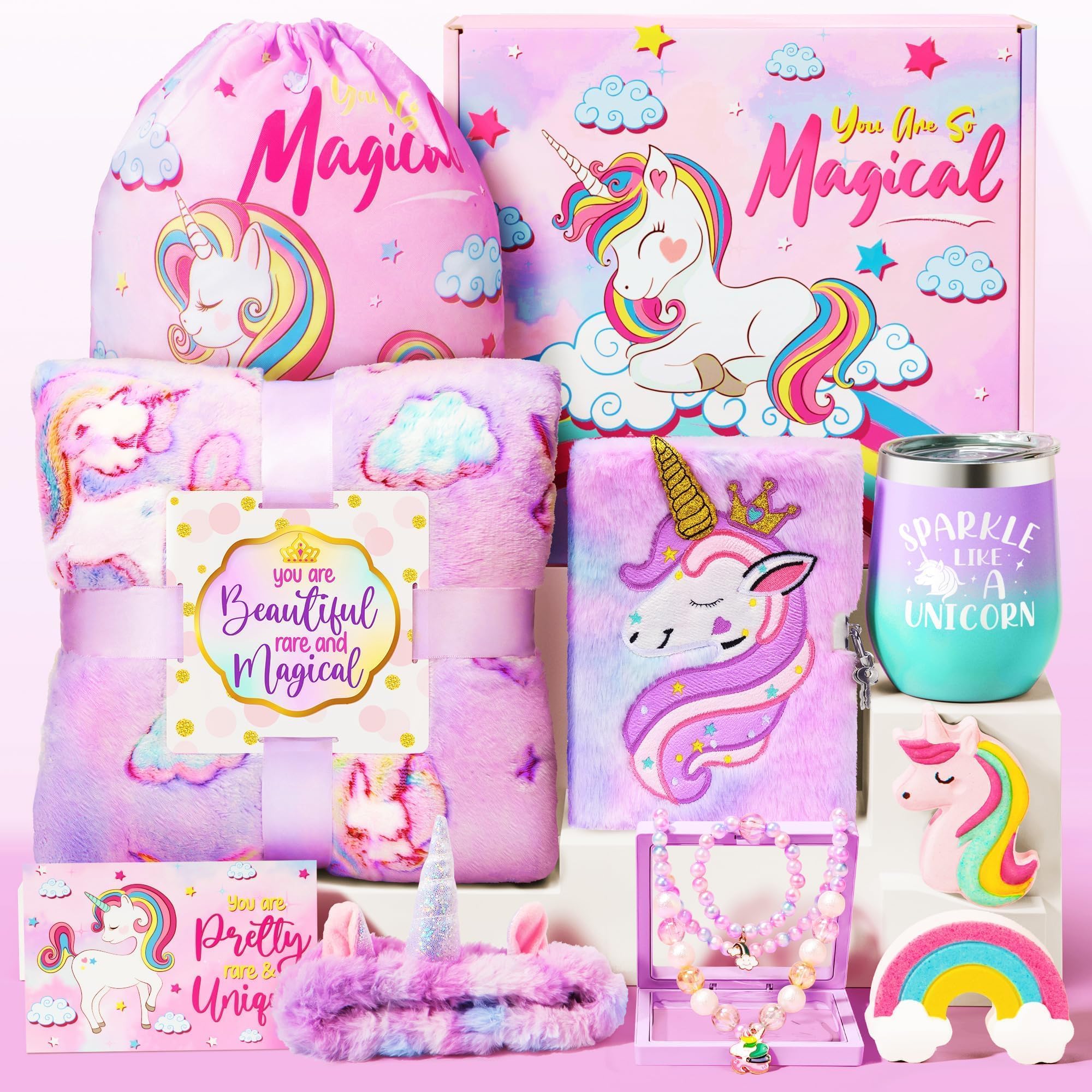 Unicorn Gifts for Girls, Easter Gifts Basket Unicorn Toys for 3 4 5 6 7 8 9 10 11 12 Years Old Toddler Girls Birthday Gift Box w/ Blanket Diary Headband Eye Mask Cup Jewelry for Kindergarten Preschool