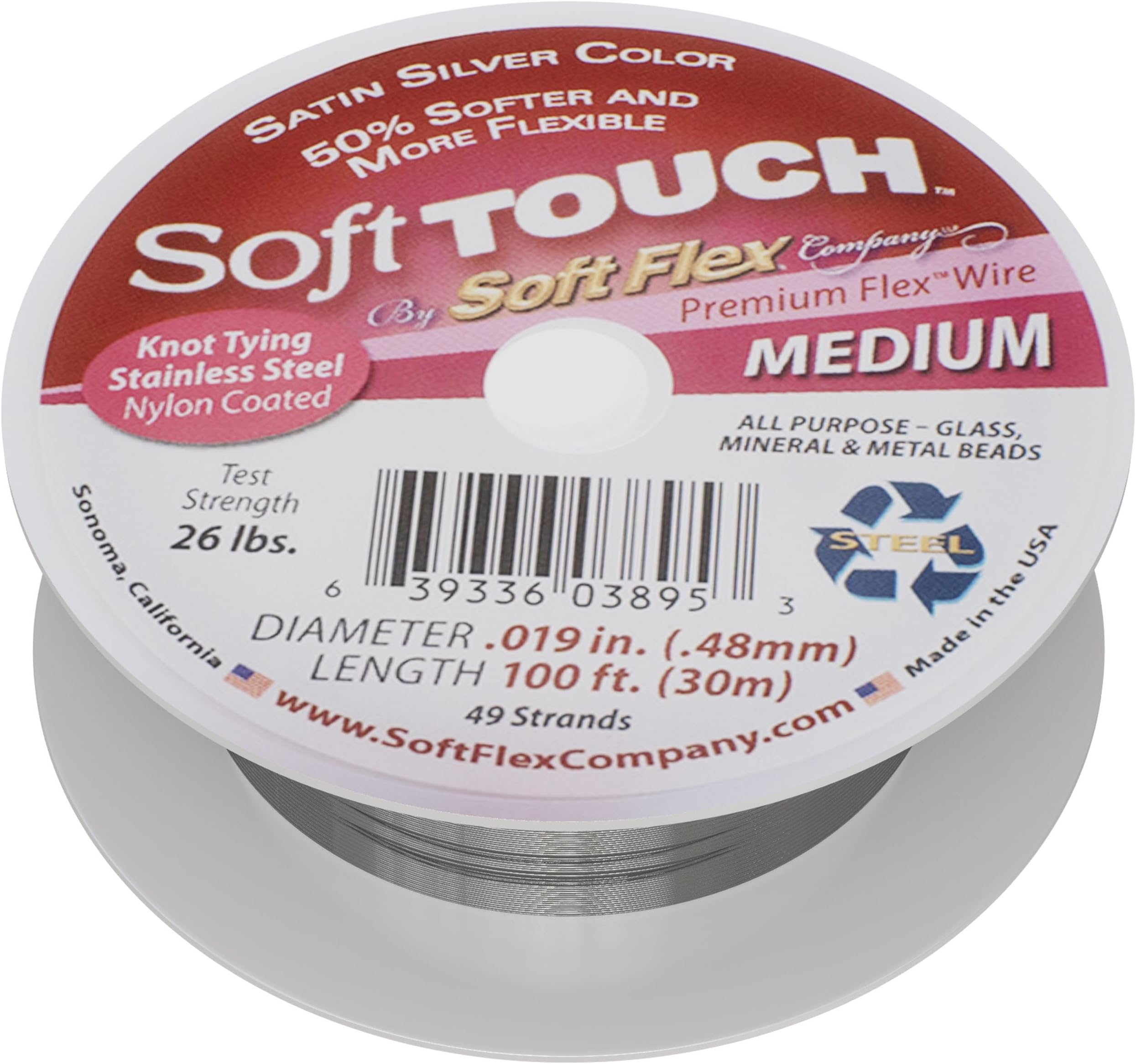 Soft Flex 49 Strand Stringing Wire - Flexible Braided - Medium 0.19 Diameter - Jewelry Making Bead Wire - Satin Silver