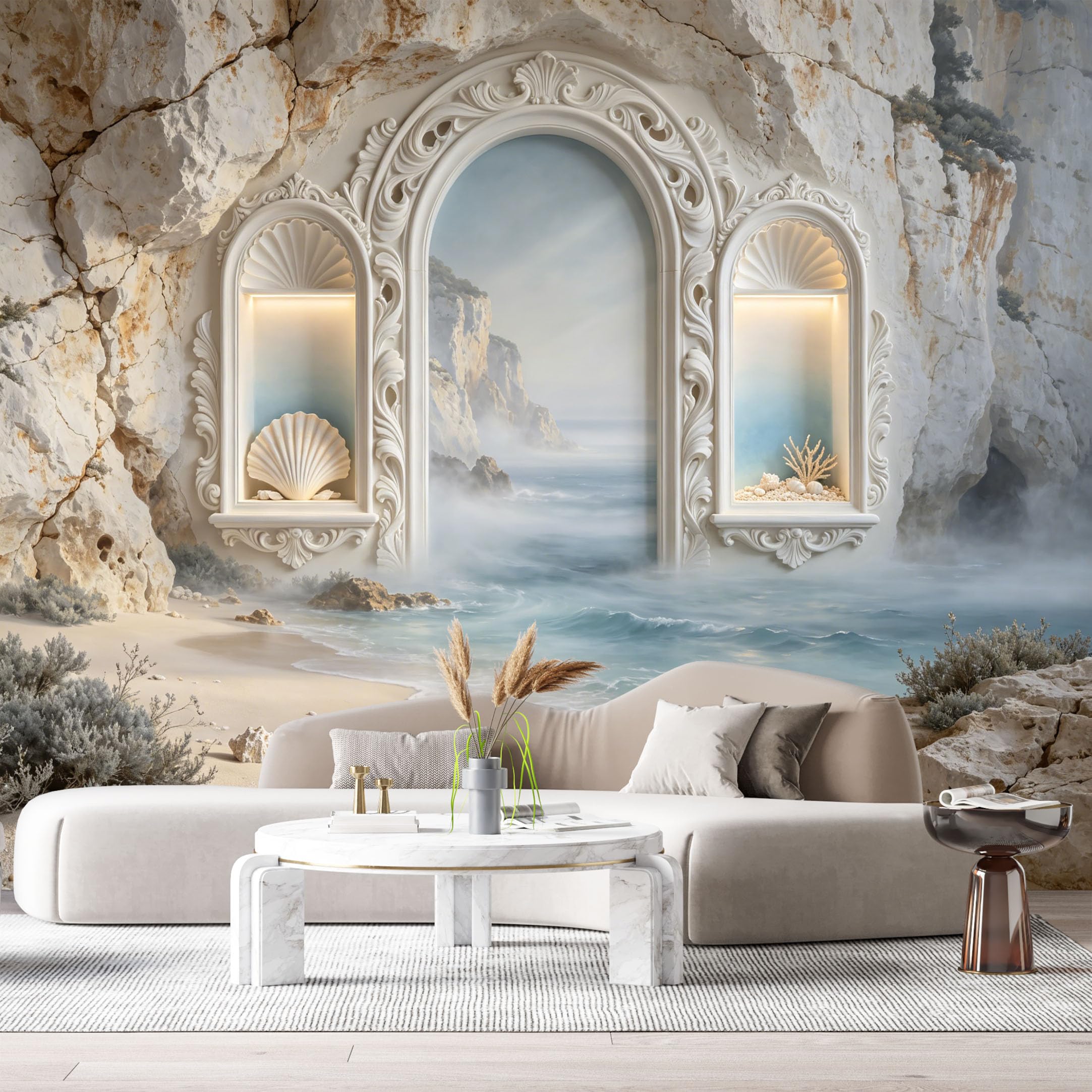 Custom Size Wall Murals Coastal Ocean Marine Landscape Arch Stone Cave 3D Trompe L'Oeil SelfAdhesiveWall Fabric Removable Wallpaper Wall Decor for Living Room Bedroom Bathroom