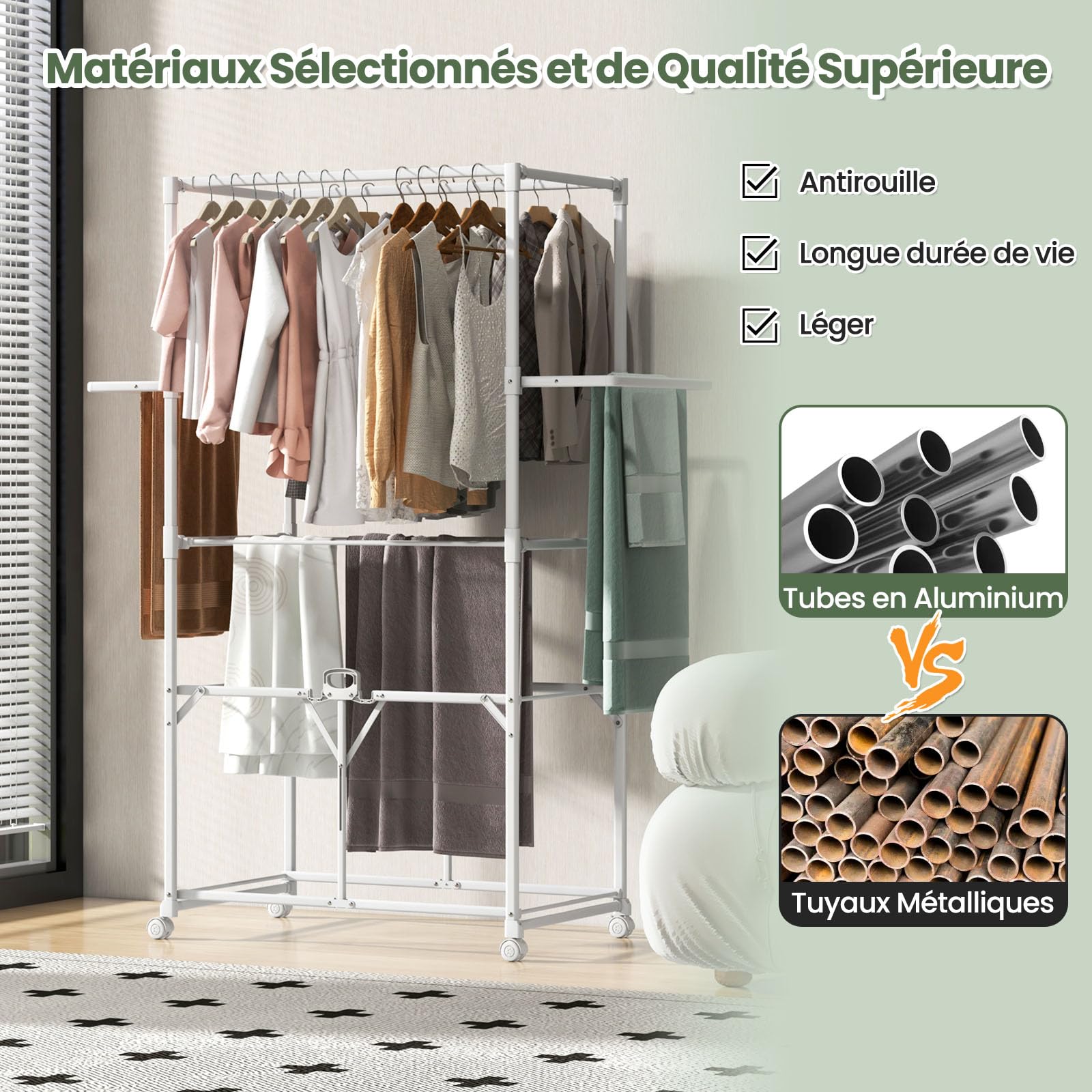 COSTWAY Grand Séchoir à Linge Pliable en Alu, Étendoir à Linge a roulettes 174 CM, 10 Barres, 2 Tringles, 2 Ailes Latérales, Étagère Rabattable, Portant a Vetement, Tancarville Linge, Montage Rapide