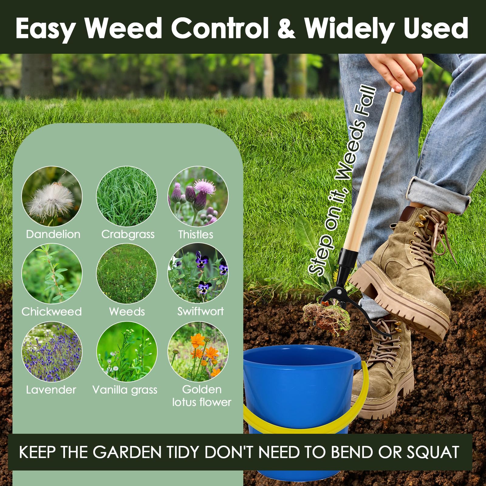 Detachable Stand Up Weed Puller Tool with Long Handle, Dandelion Weed Puller Tool Stand Up Heavy Duty, Outil d'élimination de Mauvaises Herbes de Jardin Long poignée (Bois 44in)