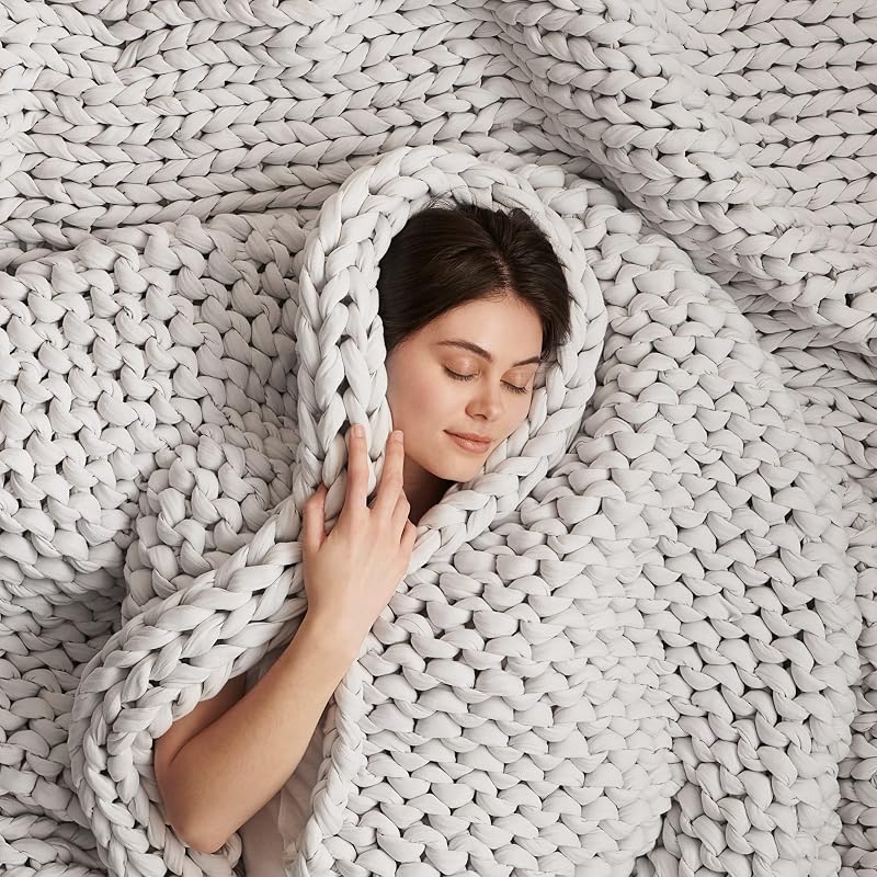 Cotton Hand-Knit Weighted Blankets for Adults - Chunky Knit Blanket - Sustainable, Breathable, Organic, Cooling Weighted Blanket - Machine Washable (Moonstone Grey, 15 lbs, 40"x72")