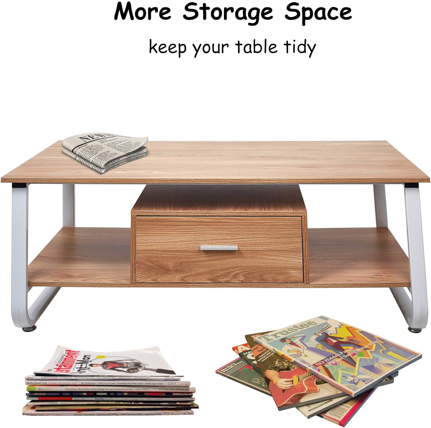 Lucky Tree 47" Coffee Table, Industrial Center Table Solid Coffee Table Wood 2-Tier Modern Coffee Desk for Living Room