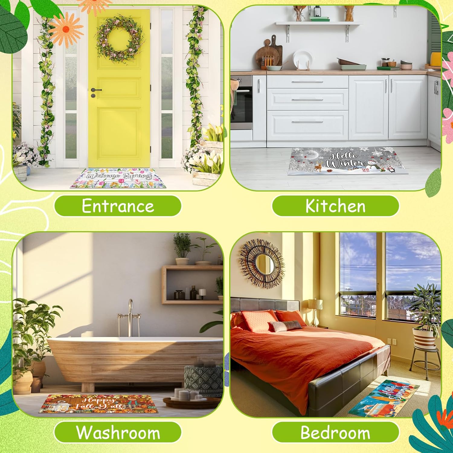 4Pcs Doormat Inserts Seasonal Door Mat Inserts Interchangeable Entrance Doormats Holiday Welcome Doormat Hello Spring Summer Fall Winter Front Door Mat for Front Door Outdoor Indoor Decor 22 x 10 In