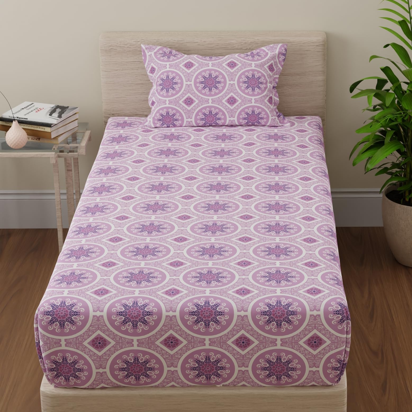 Huesland Cotton Bed Sheets - King Size, Purple & White -23