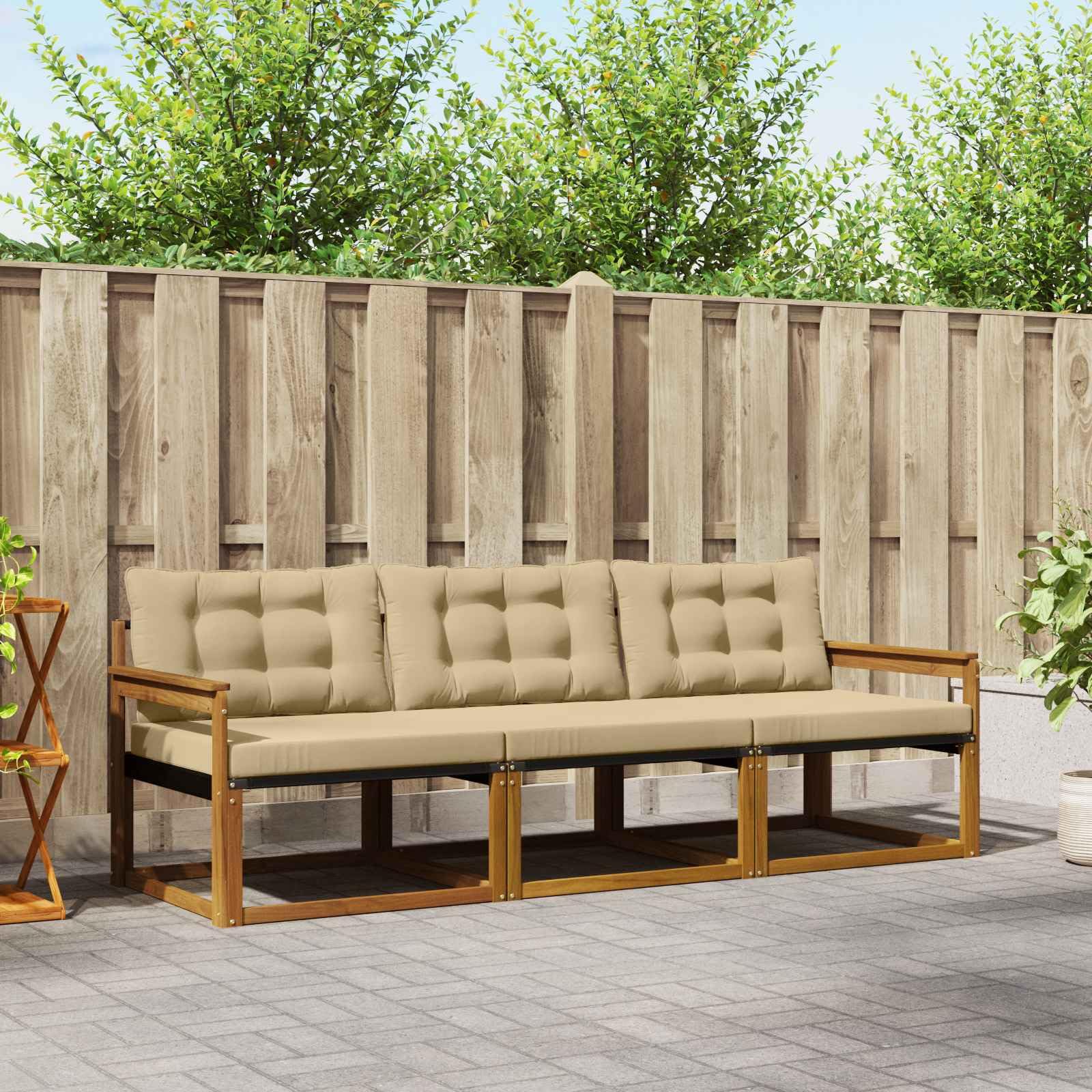Divano modulare da esterno in legno massello di acacia, set da 3 pezzi con cuscini in colore naturale e beige, per terrazza e giardino