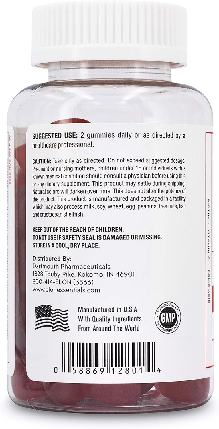 Elon Biotin Gummies for Hair Growth – 60 Count Biotin 5000mcg Per Serving for Hair, Skin and Nails – Vitamin A, Folic Acid, & Vitamin E - Pectin Cherry Flavored Gummies (60 Day Supply)
