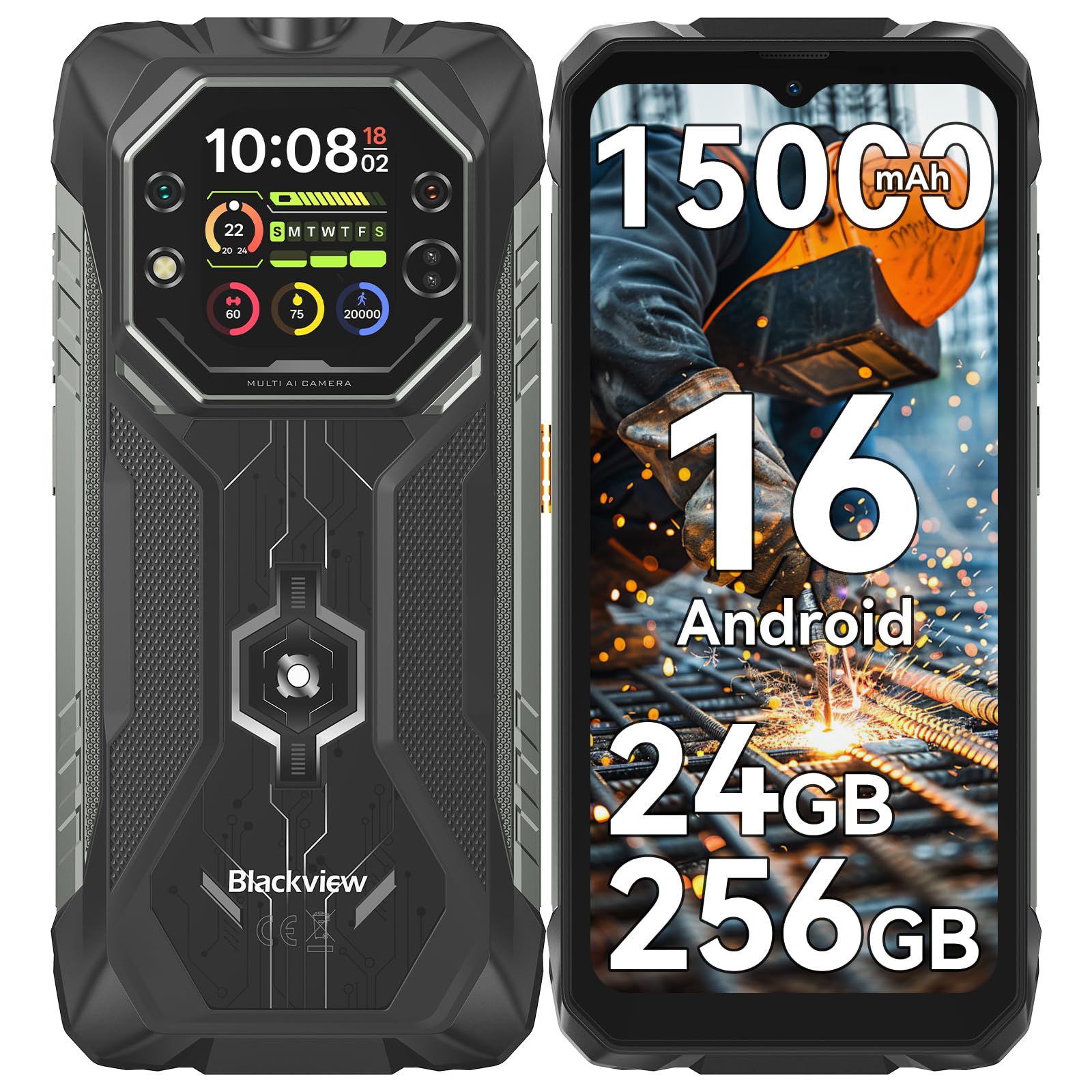 Blackview Rock 1 Telephone Portable Incassable Android 16 pour Chantier & Randonnée, Smartphone Incassable Étanche 15000mAh à Double Écran,Vision Nocturne 20MP, 24Go+256Go, Gemini AI/3 Ans Garantie