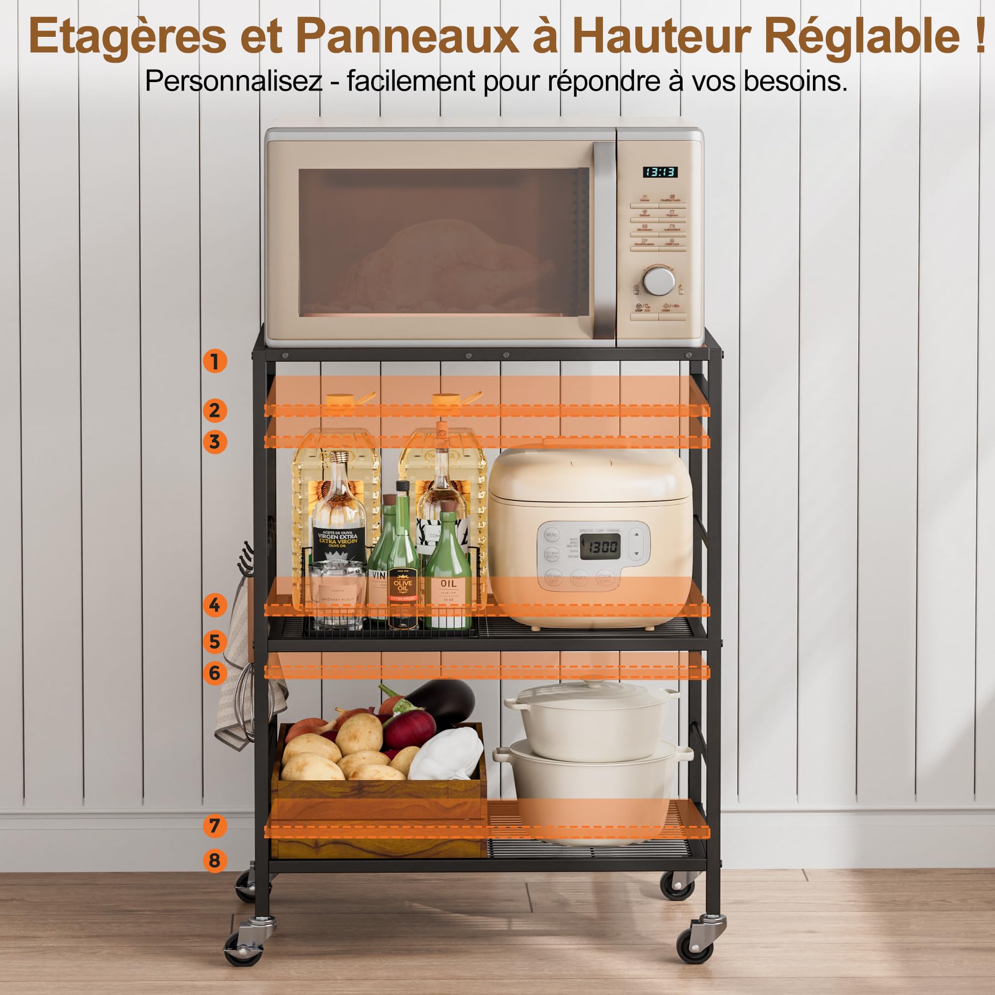 Desserte à roulettes Cuisine Rangement,Chariot de Cuisine (Cadre Noir + Panneau Marron, 3 Niveaux (40 x 60 x 84.7 cm)