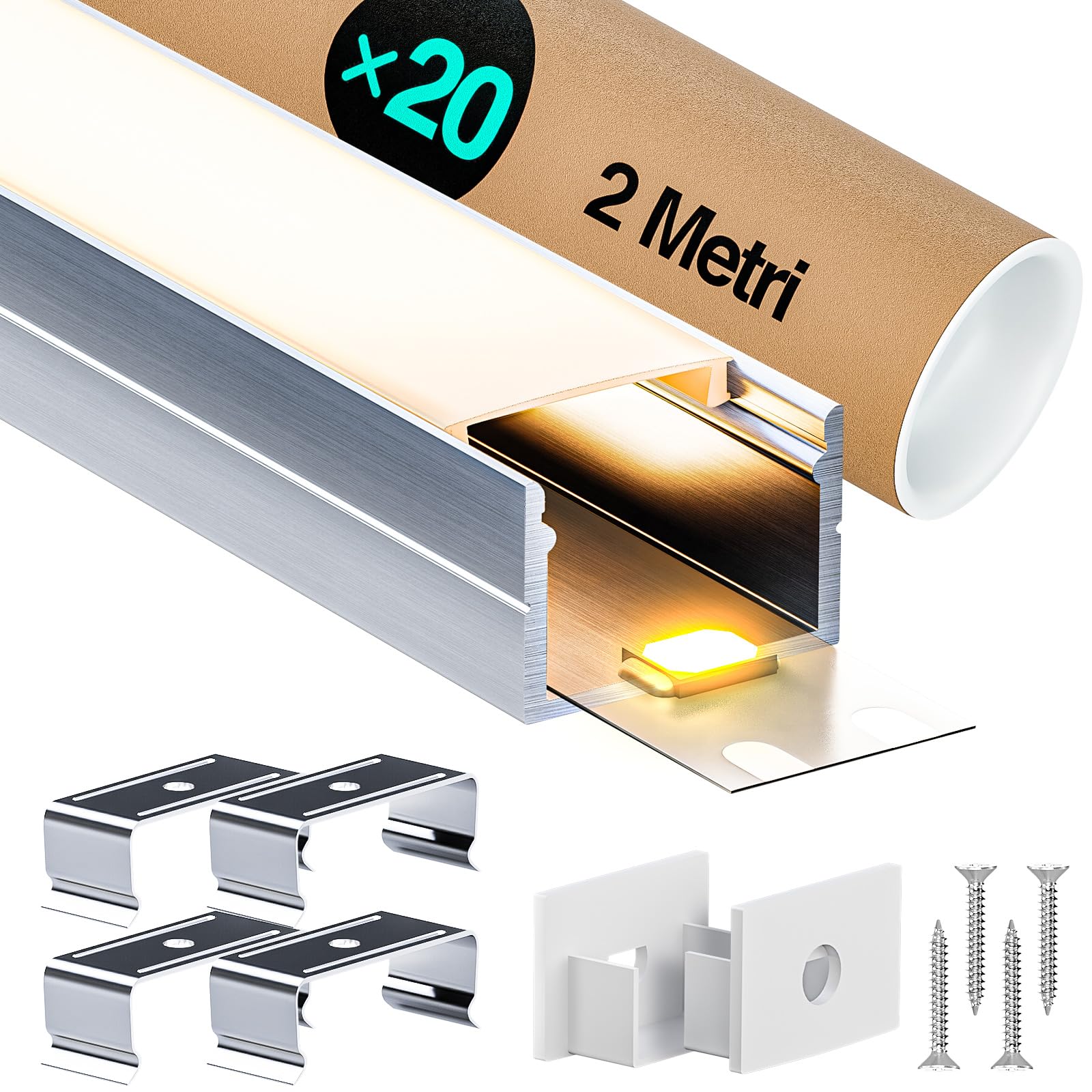Profilo in Alluminio per Strisce LED, 20 Canali LED a U da 2 Metri Ciascuno (Totale 40 Metri), con Copertura Diffusore Opalina e Accessori di Montaggio Inclusi