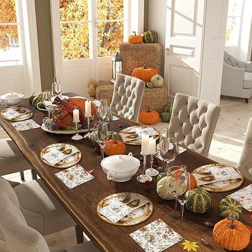 Miniatura 10 de Juego de 216 platos de Acción de Gracias, servilletas, cubiertos desechables, centros de mesa para mesa de Acción de Gracias, decoración para cena,