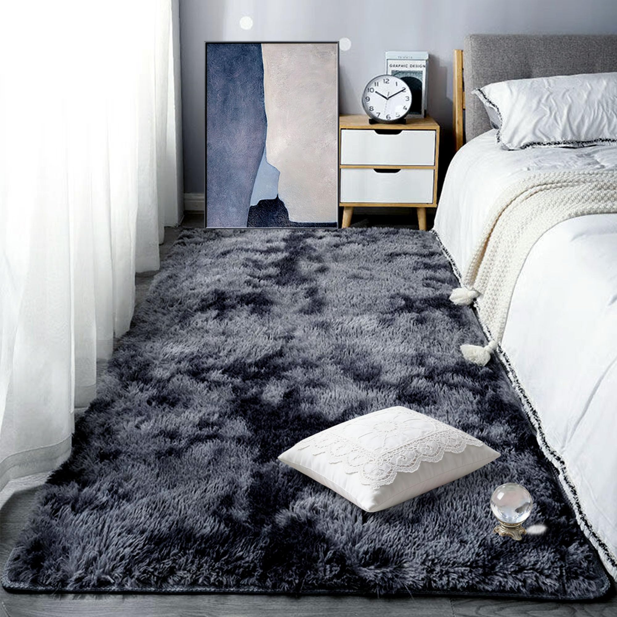 Tapis moelleux et moderne grand confort poil long doux gris foncé