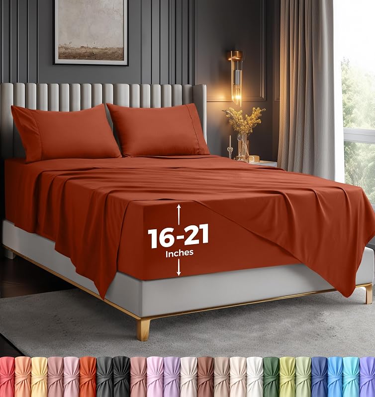 Extra Deep Pocket Queen Sheet Set - 4PCs Fits Up to 21 Inches - Orange | Hotel Luxury sheets - Ultra Soft and Breathable Microfiber - Fitted Sheet, Flat Sheet, 2 Pillowcases with Envelope Closure