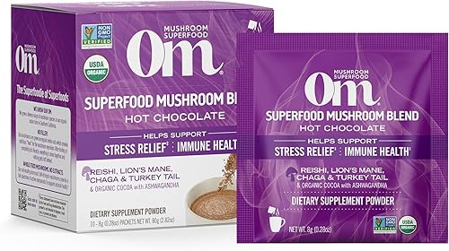 Om Mushroom Superfood Mezcla de chocolate caliente en polvo de hongos, una sola porción, 10 unidades, cacao holandés, 0.07oz de azúcar, 25 calorías,