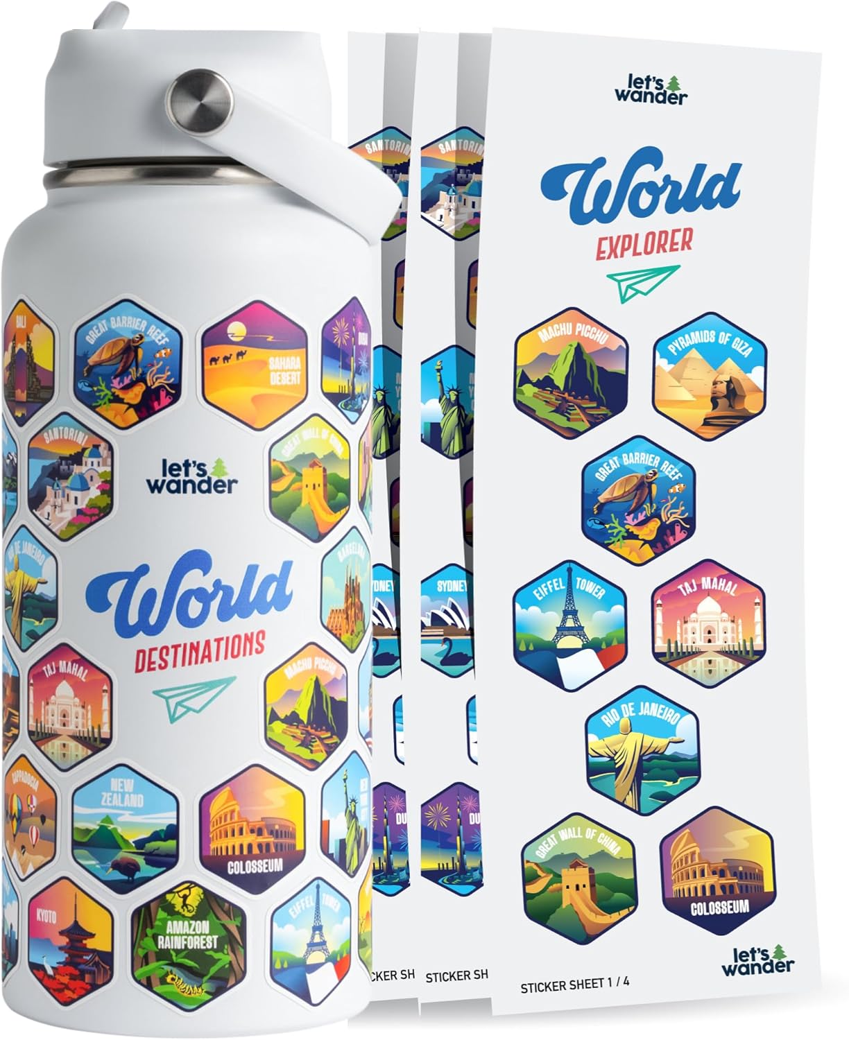 Lets Wander World Water Bottle 32oz with 2 Sets of 50 Stickers