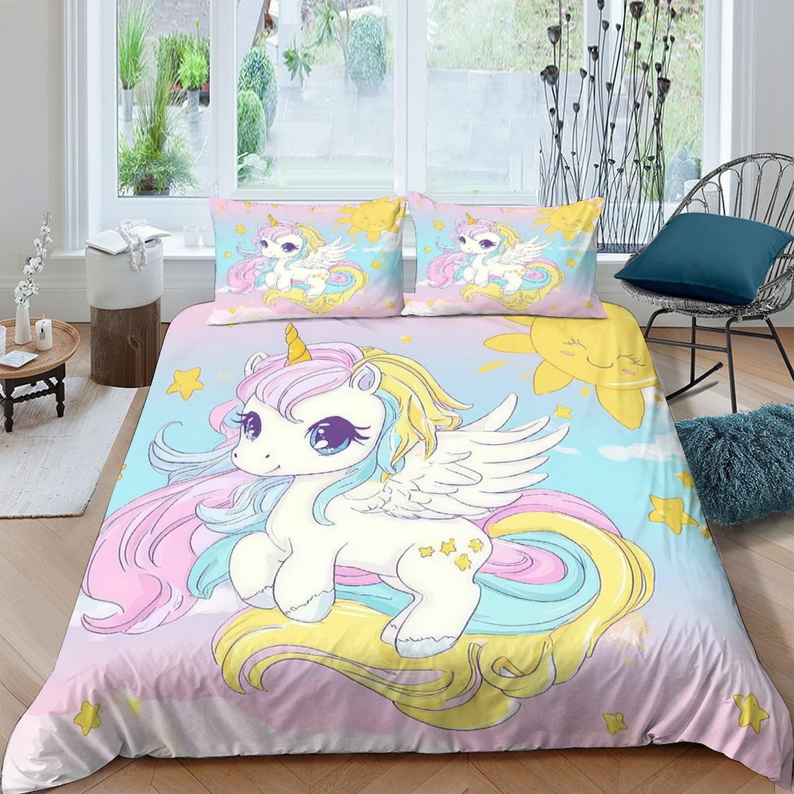 Ctjqhvkz Style-3 3D Printed Pastel Unicorn Fitted Sheet Microfiber Soft Anti-Slip Rainbow Pegasus Bed Cover For Bedroom Home Decor Single（135X200cm）