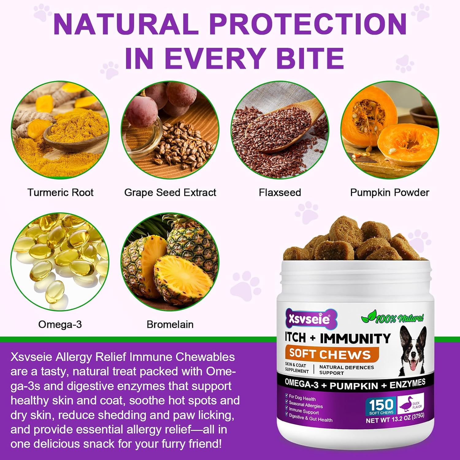 Dog Allergy Relief Chews, Dog Allergy Relief Treats for Itching Skin, Anti-Itch for Dogs, Immune Supplement, Seasonal Allergies, All Breeds and Sizes - 120 Grain
