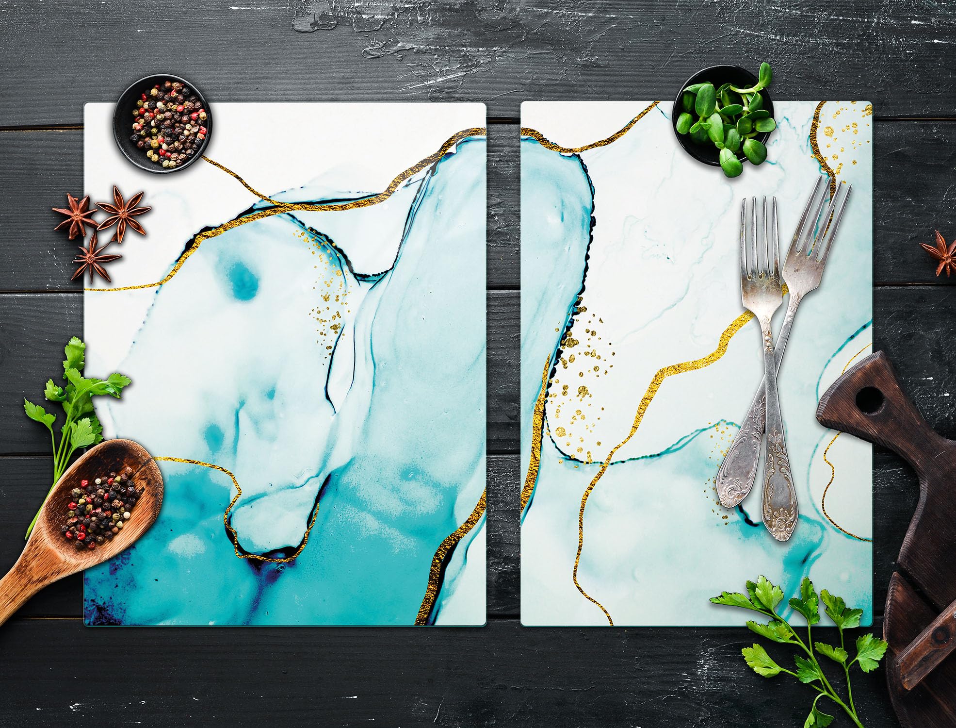 TMK ArtDeko Placa protectora de vitrocerámica 75 x 52 cm 2 pieza cocina eléctrica universal para inducción protección contra salpicaduras tabla de cortar de vidrio templado, Mármol
