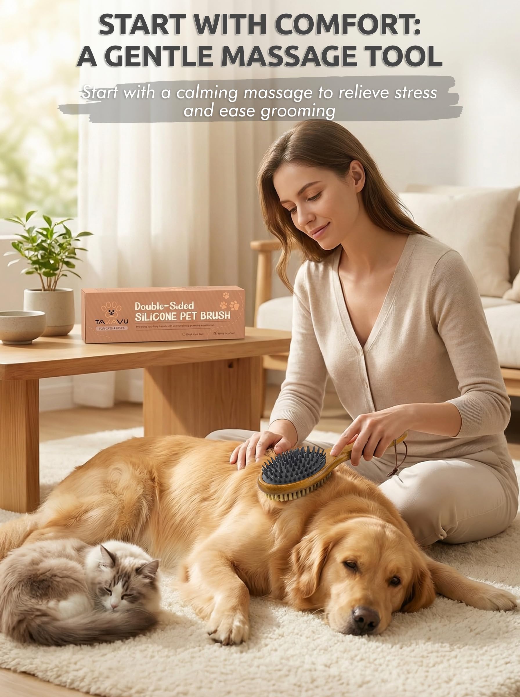 Cepillo profesional de doble cara para perros y gatos, cepillo de silicona para mascotas (cerdas de jabalí blancas)