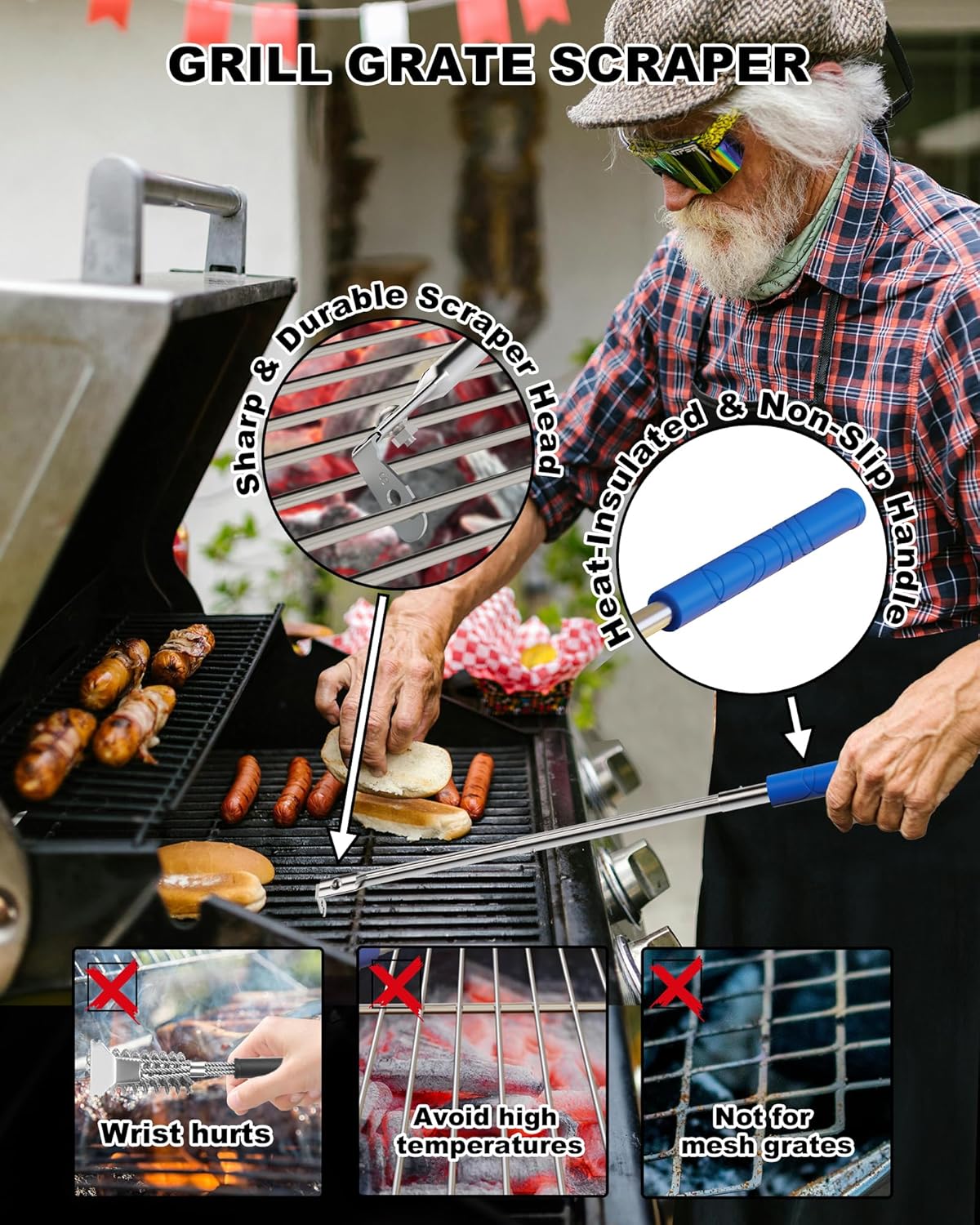 Premium Grill Cleaning Tool - 19.5 Inch Grill Grate Scraper for Outdoor Grills with Round Grates - Outdoor Scraping BBQ Tool Bristle Free, Safe and Cleaning the Top and Bottom of Grates