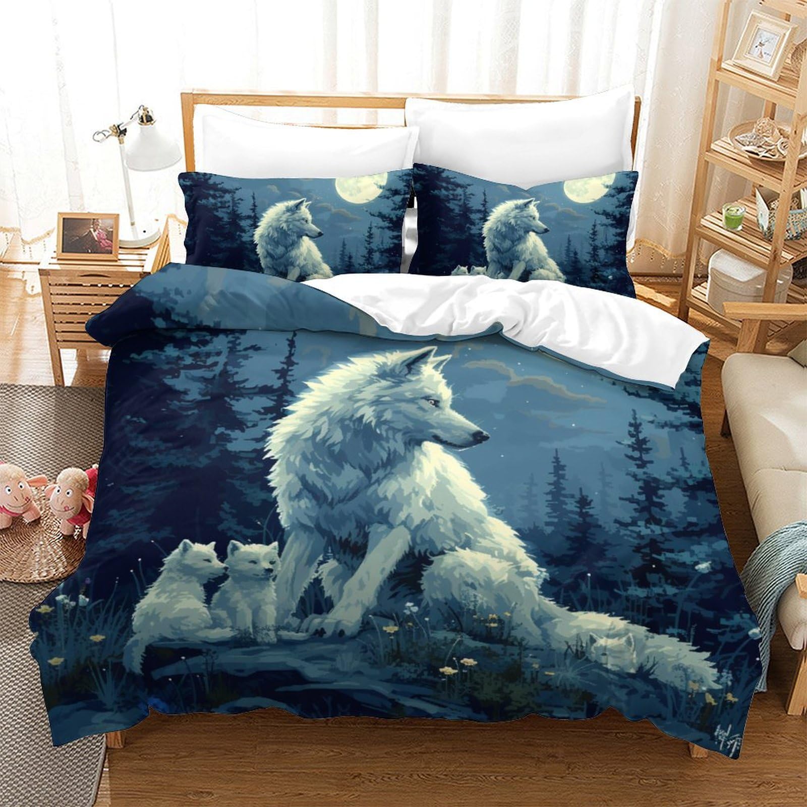 Housse de couette loup 3D avec ses 2 taies d'oreiller en microfibre pour lit double 200x200