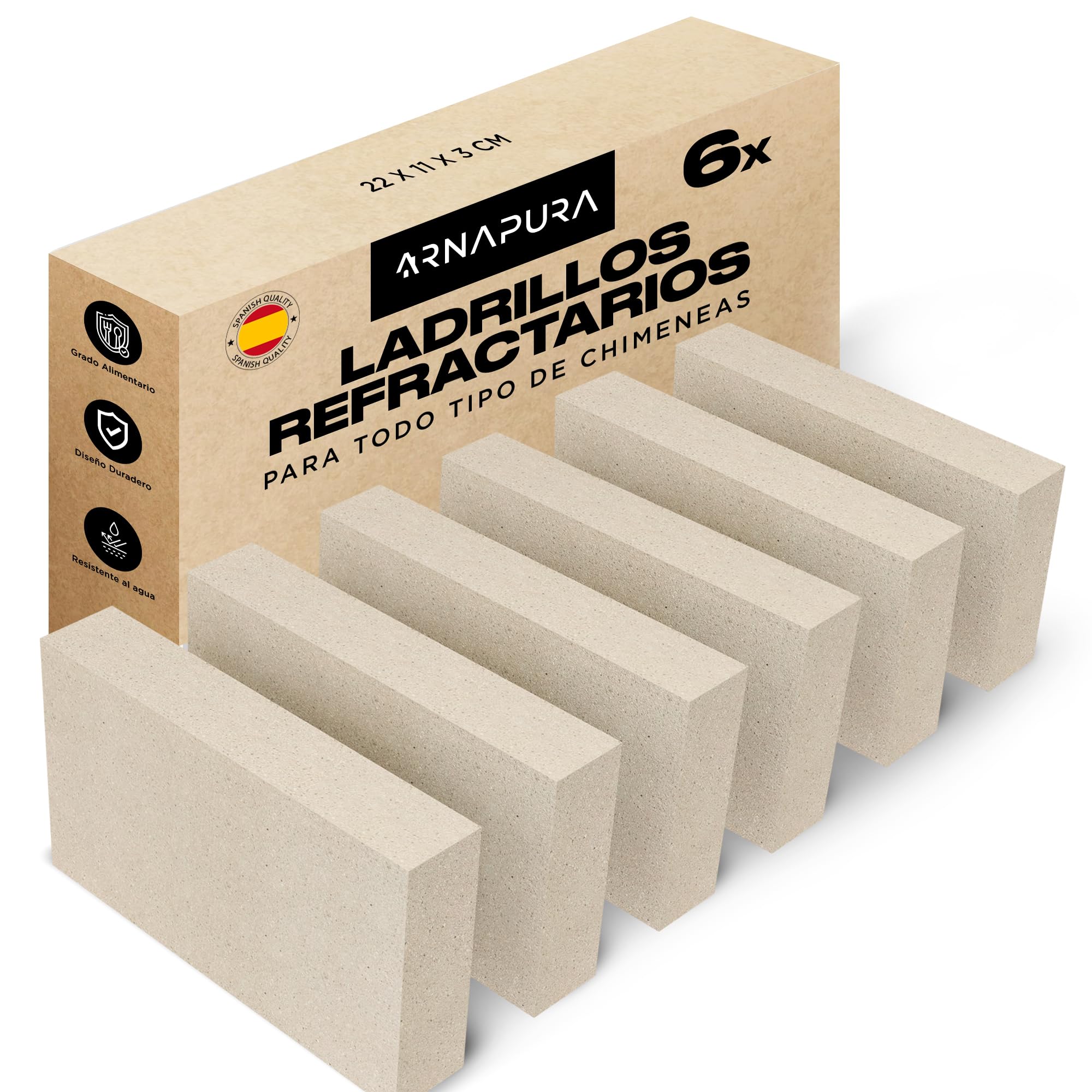 Pack 6 Ladrillos Refractarios 22 x 11 x 3 cm | Fabricados con Arcilla Refractaria | Ladrillo Refractario perfecto para Chimeneas, Hornos y Barbacoas