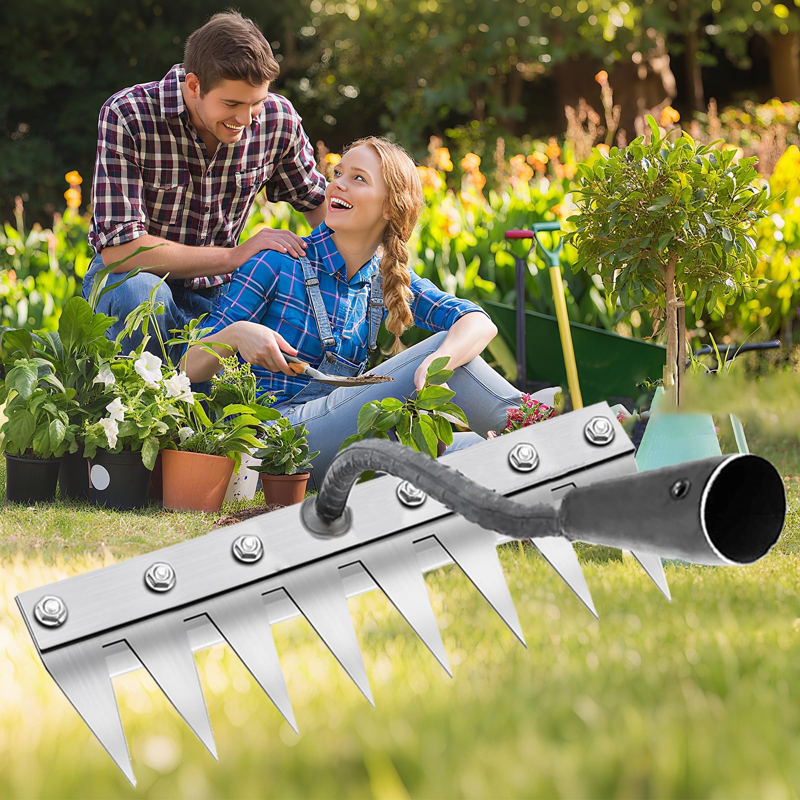 Rastrello per diserbo per giardinaggio, rastrelli in ferro da gardenia per cortile, prato, piccola fattoria, rastrello con denti in metallo affilati, attrezzo da giardino resistente per diserbo senz