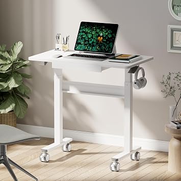 Mobile Standing Desk, Pneumatic Height Adjustable Desk, White