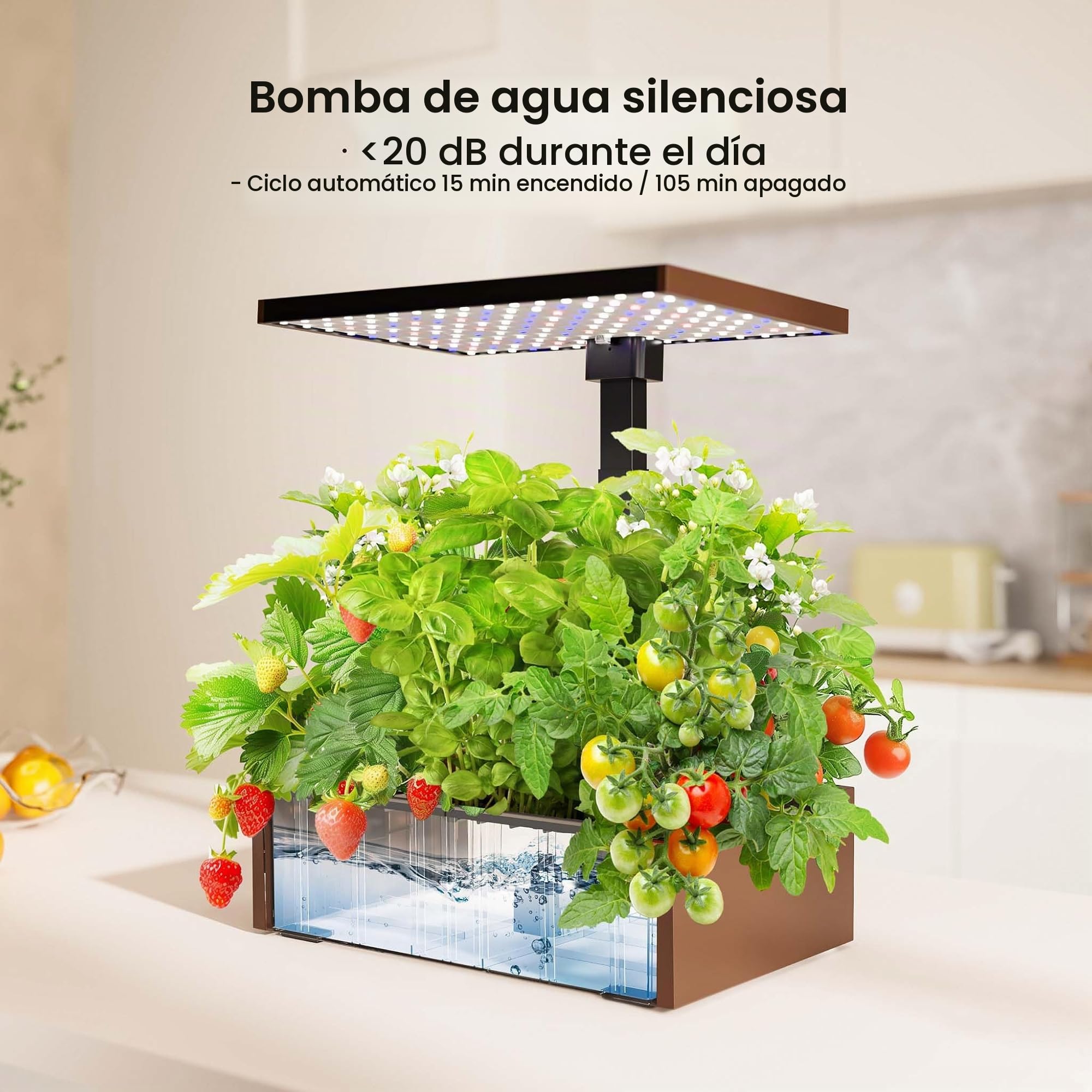 WilTec Huerto de Interior marrón, Altura Ajustable 21-64 cm, hasta 20 Plantas, Panel de Control, iluminación LED, depósito de Agua 9,8 l Sistema de jardín