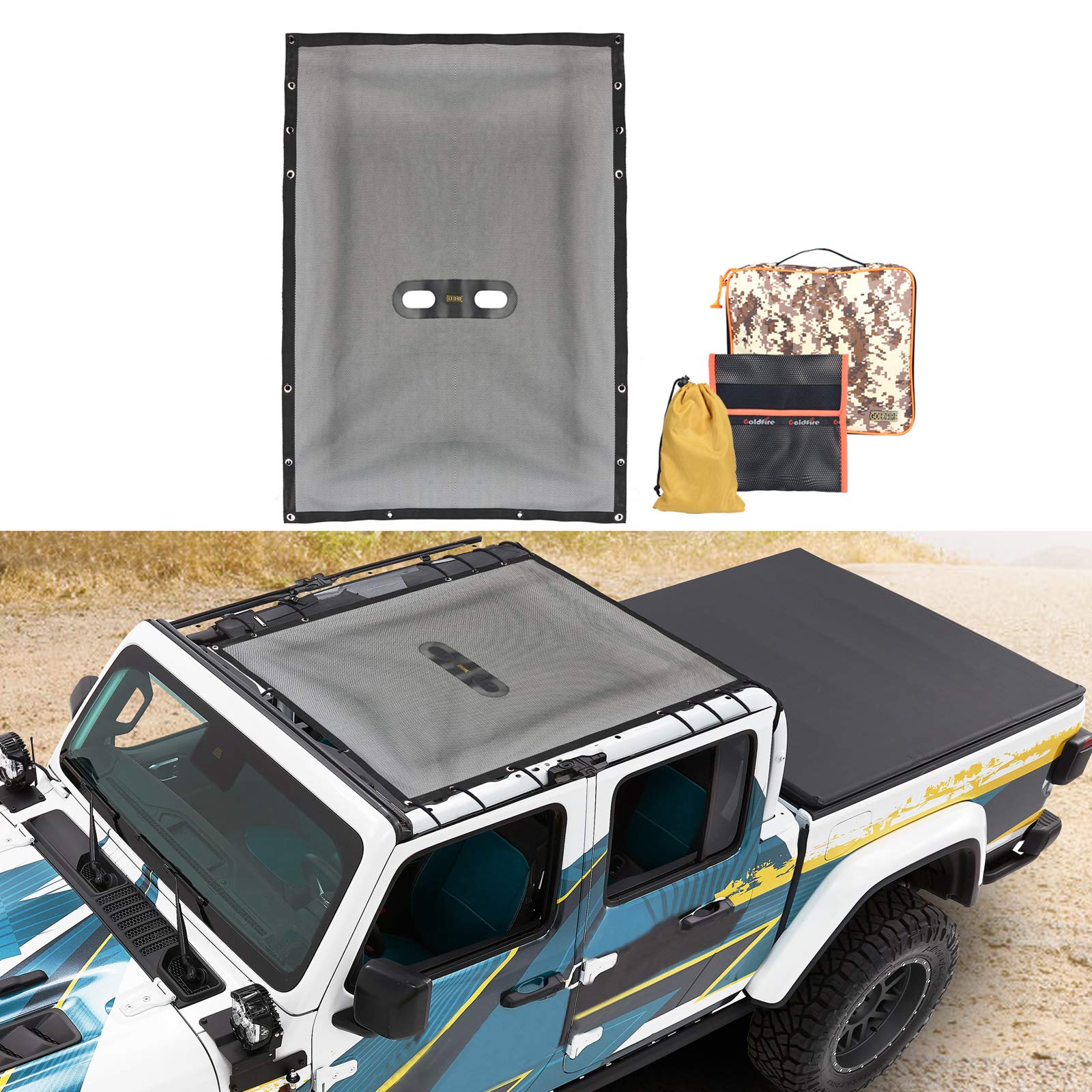Goldfire JT Sun Shade for Gladiator Sunshade JT 4 Door Top Front and Rear (ONE PIECE) 2018+, Mesh Screen Wrangler Cover UV Blocker with GrabBag Tool Pouch (Black)