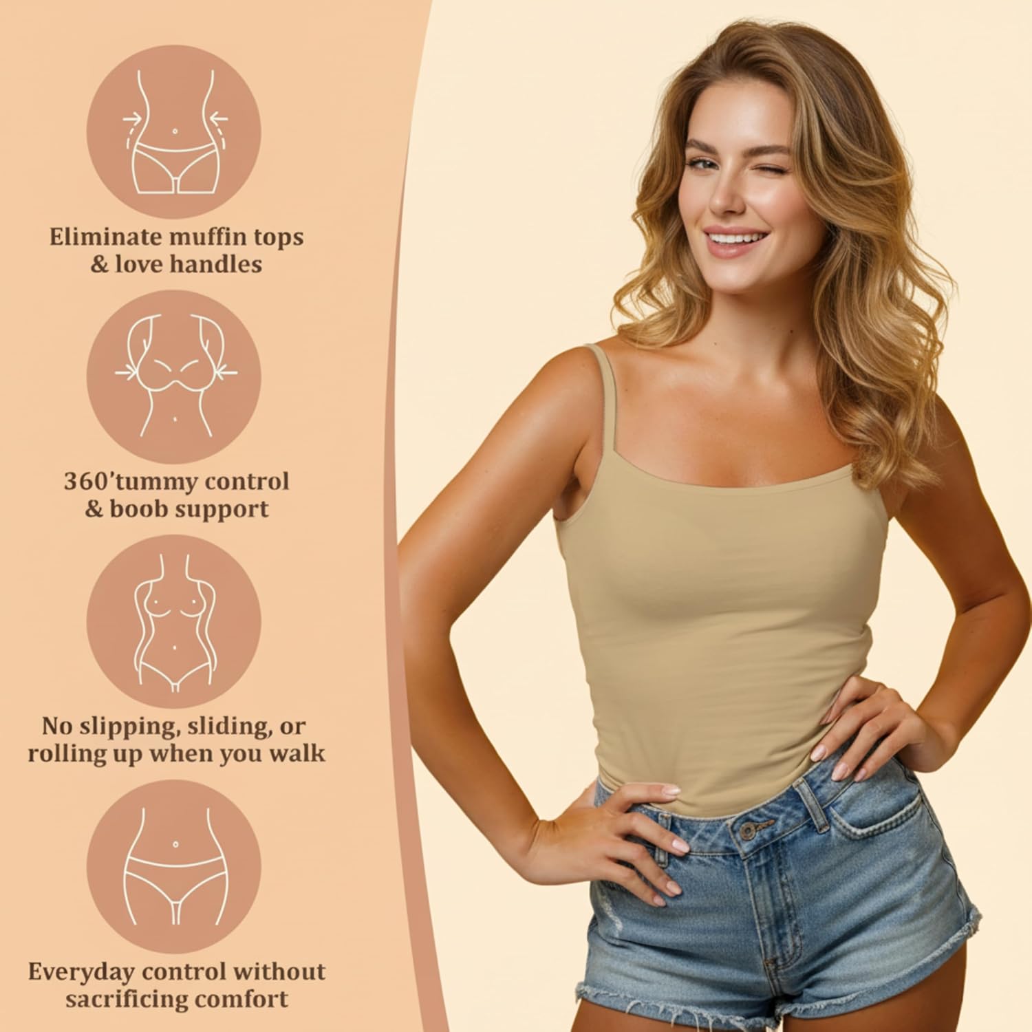 Tummy Control Shapewear Tank Top for Women - Non-Slip Compression Top - Silicone Hem & Support Shapewear for Women